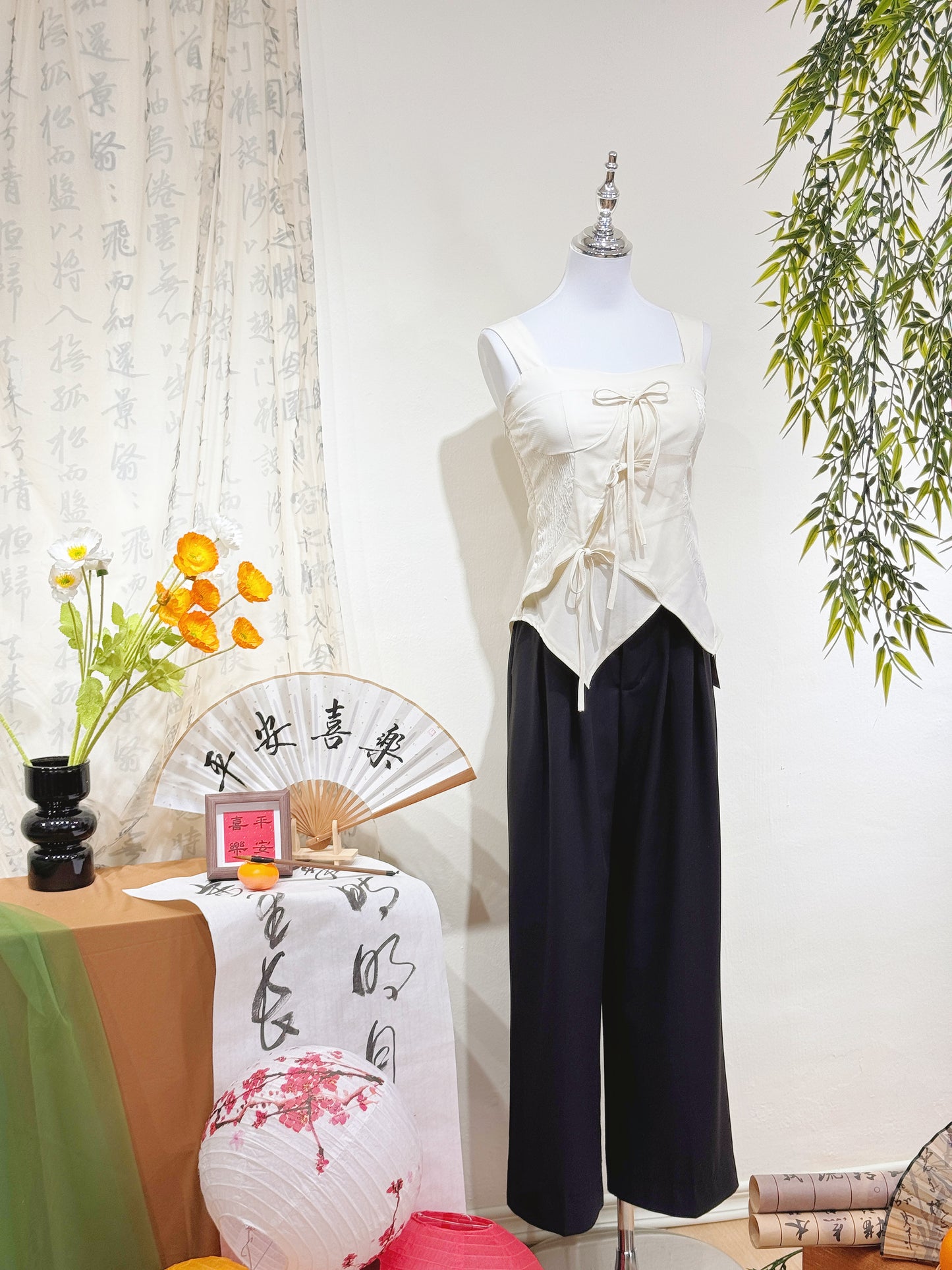 Jacquard Mesh Bow Tie Top