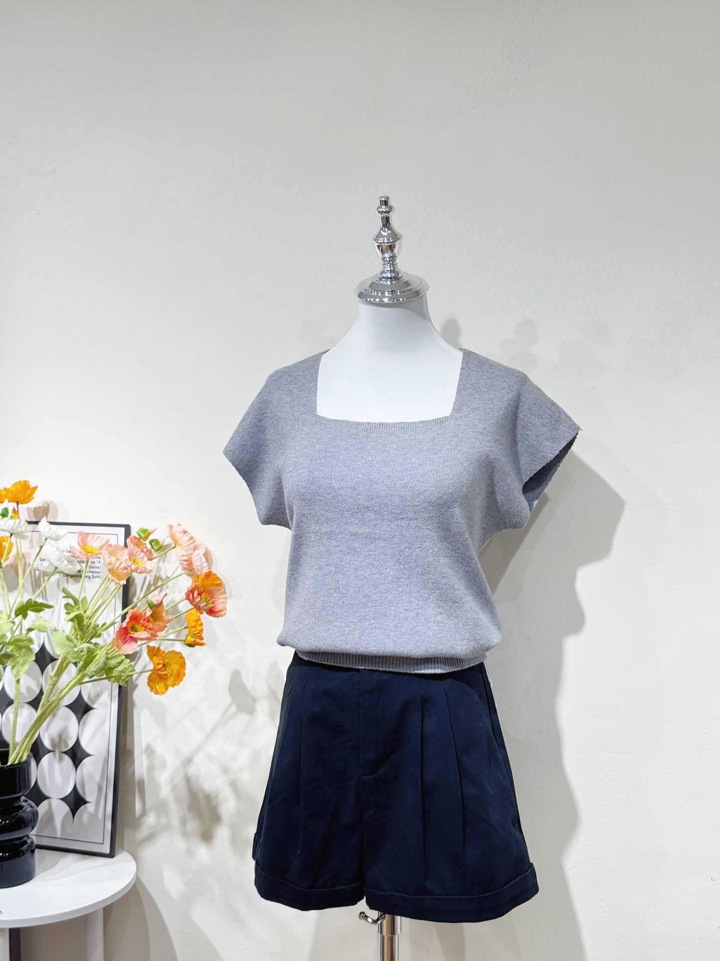 Grey Square-Neck Knit Top