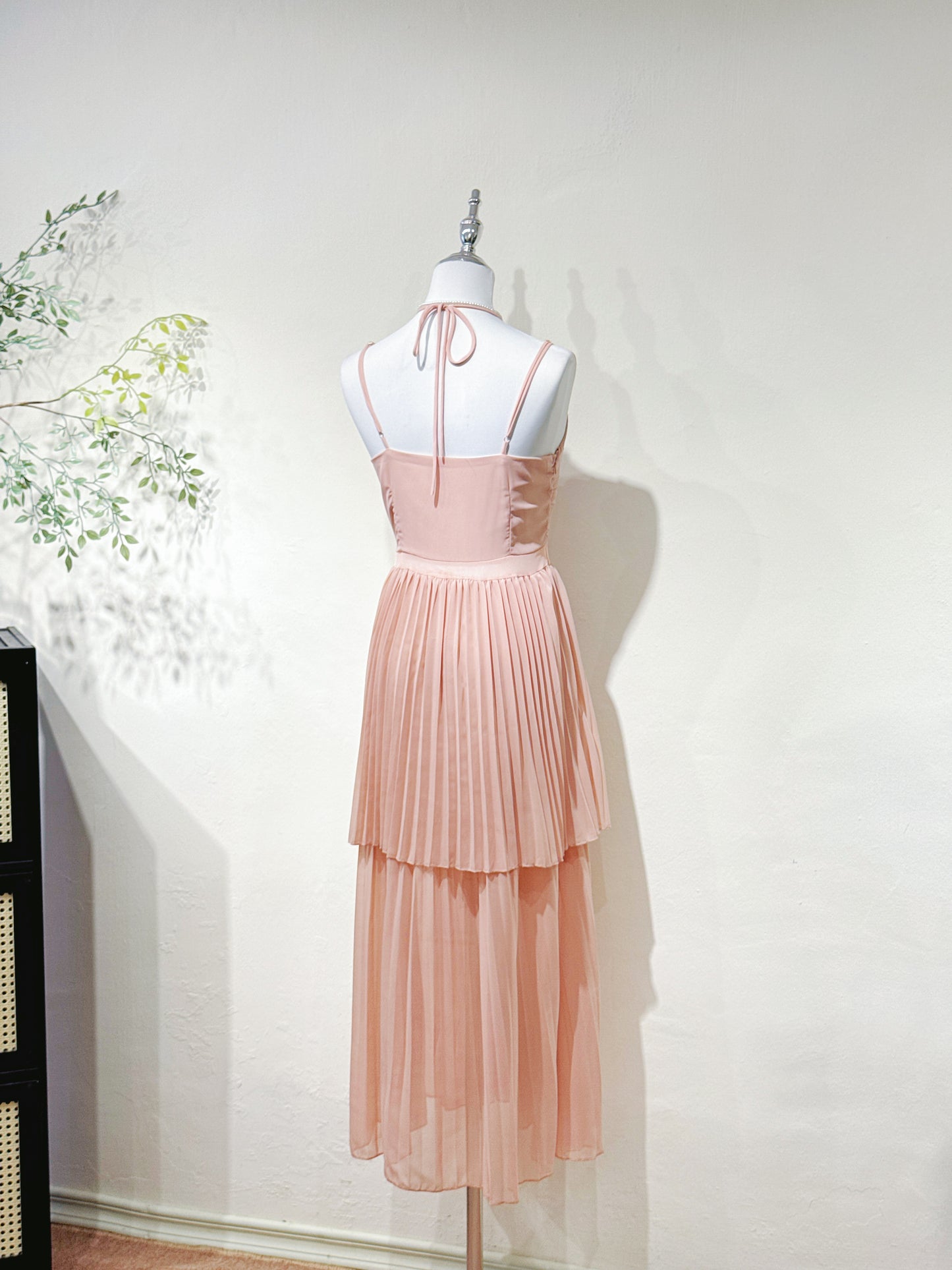 Halter V-Neck Pleated Chiffon Dress