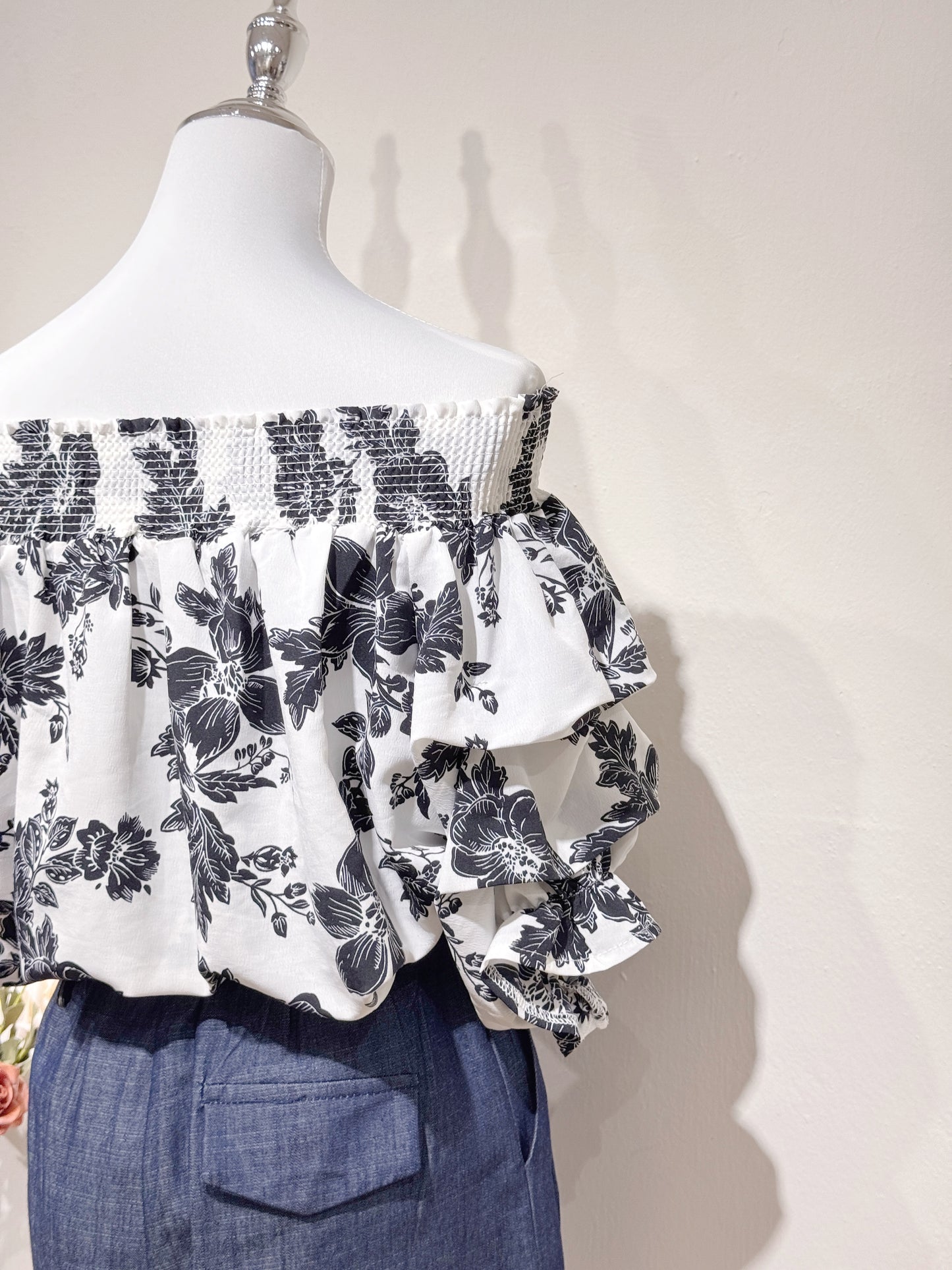 Off-Shoulder Black Floral Printed Top