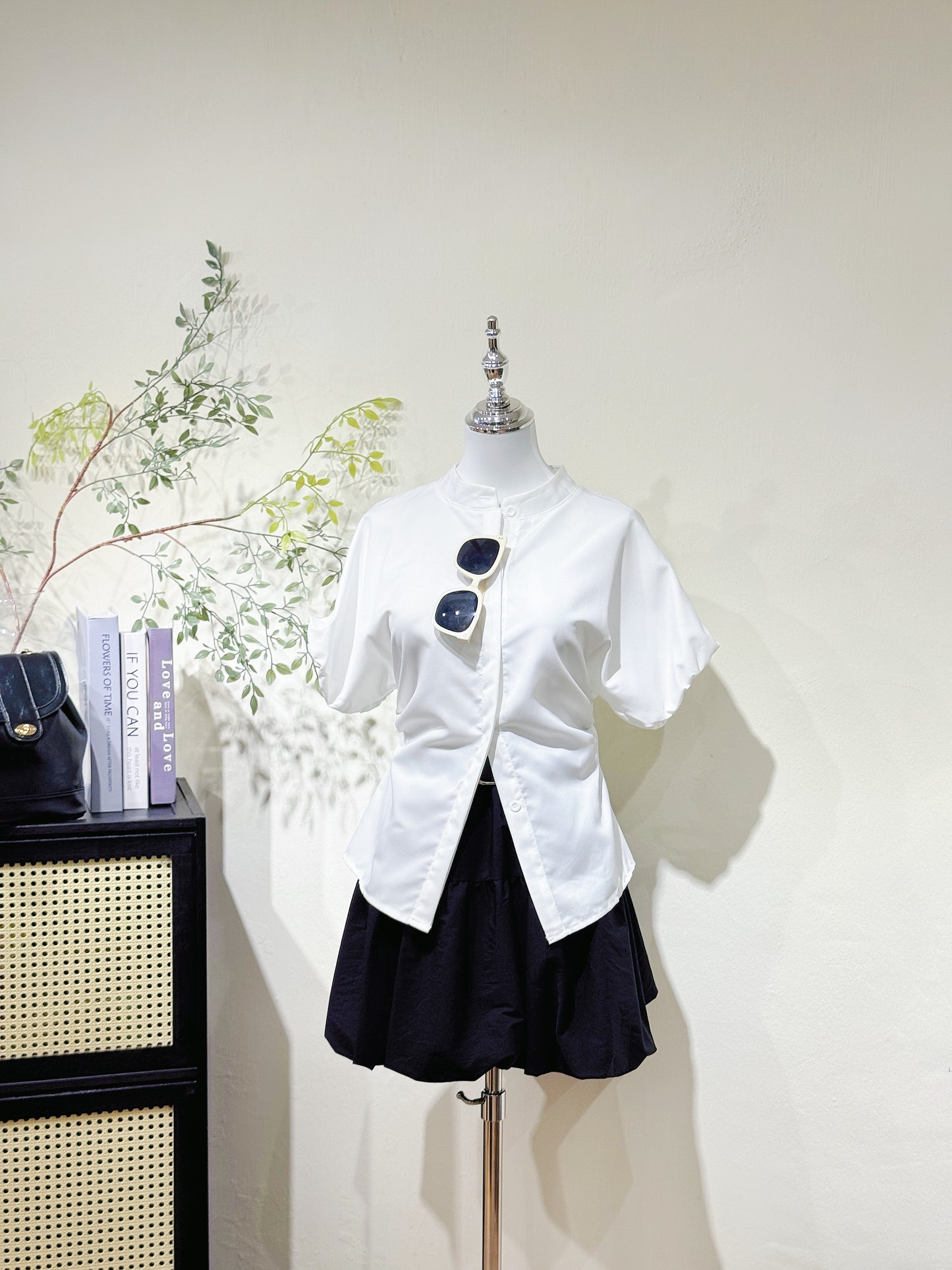 Waist-Tie Stand Collar Shirt