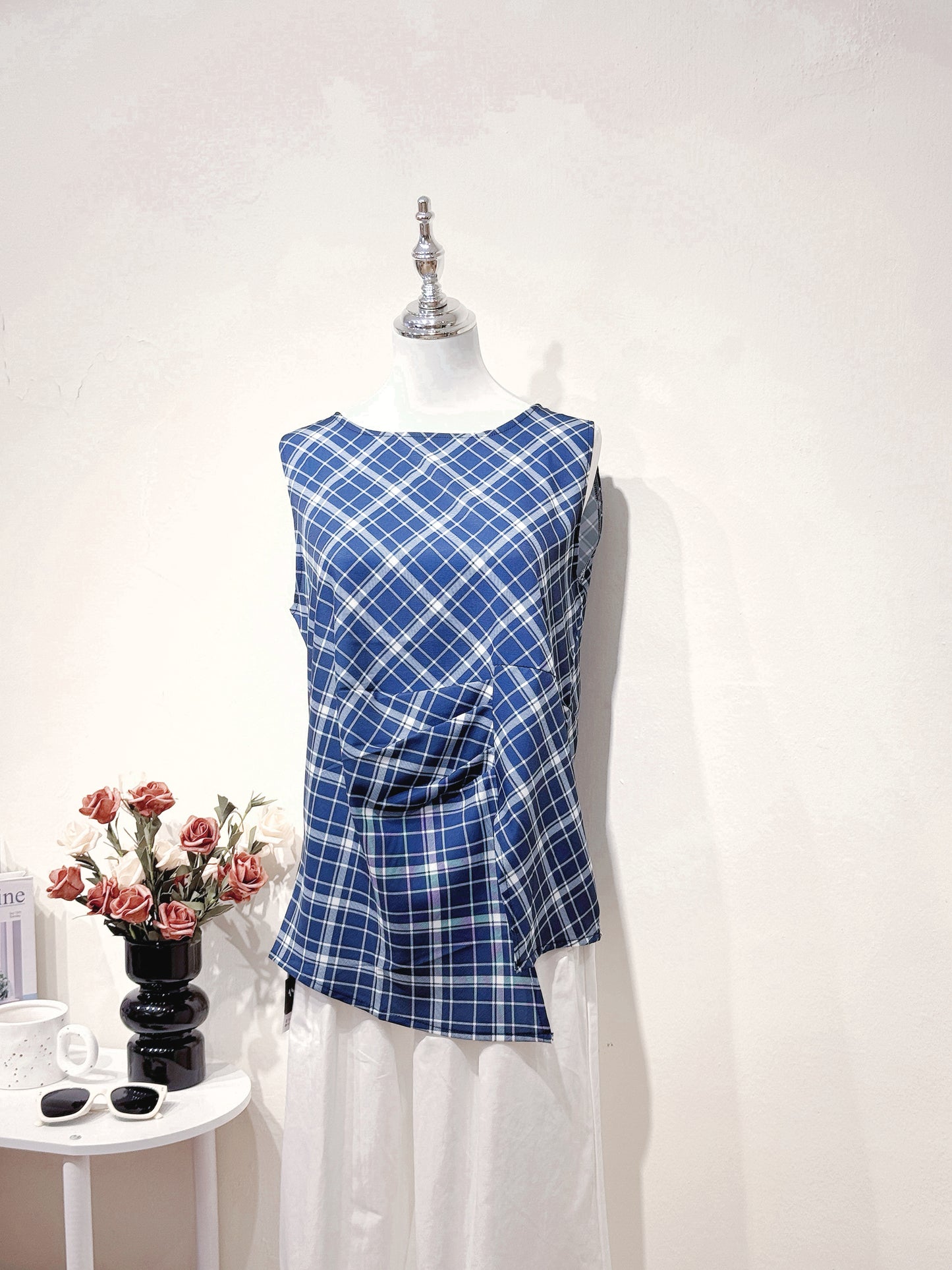 Vintage Navy Check Sleeveless Top