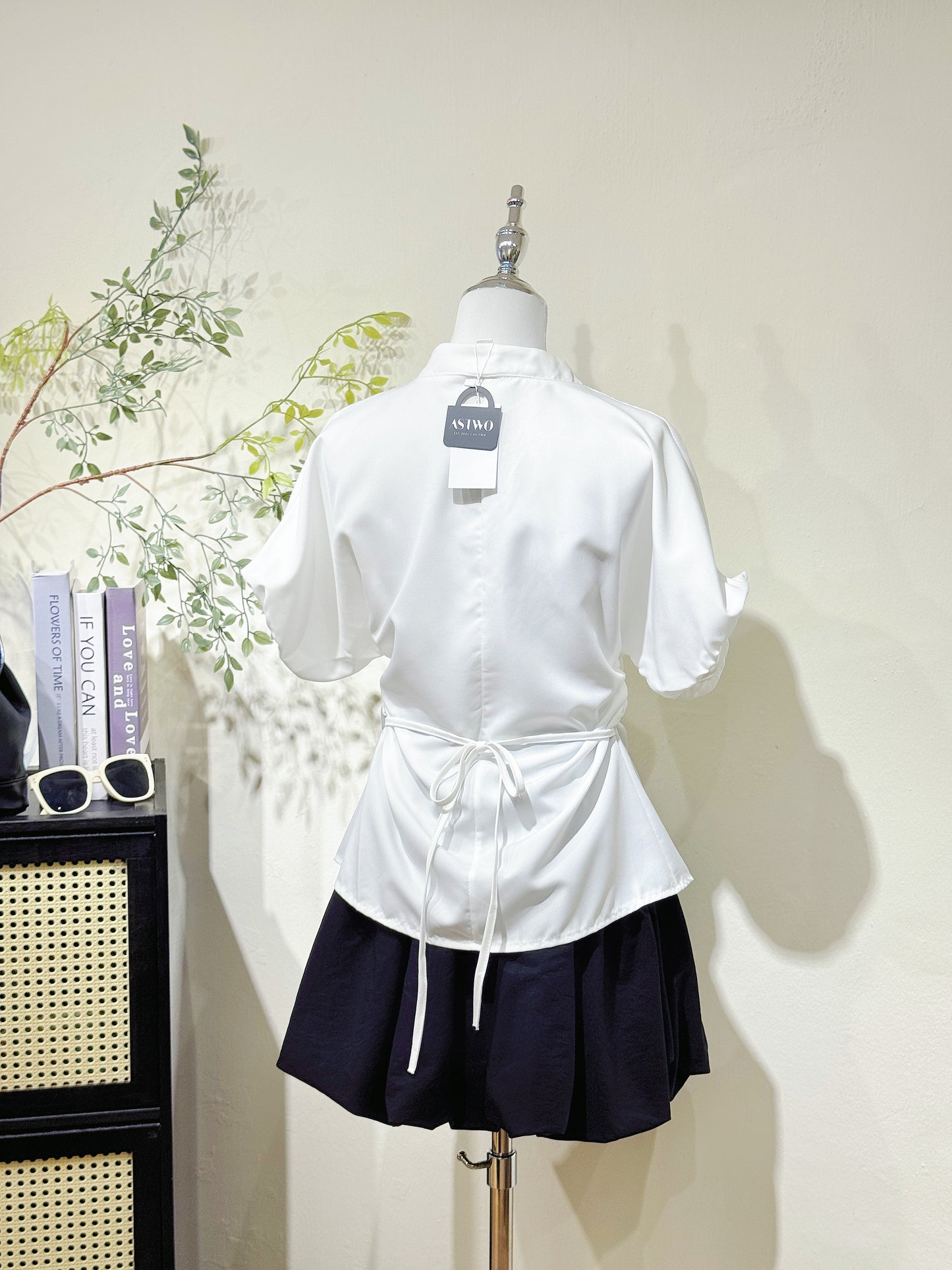 Waist-Tie Stand Collar Shirt