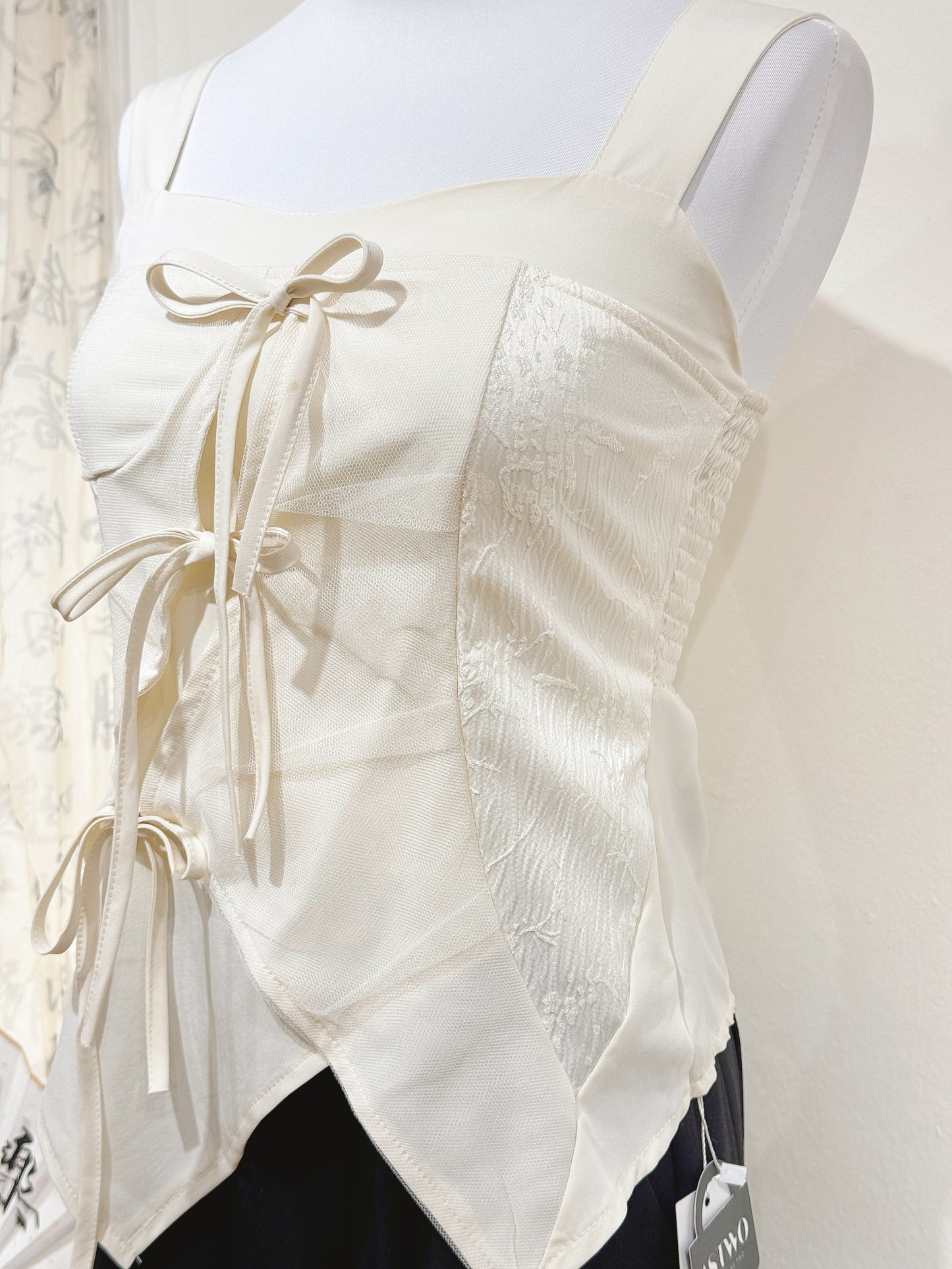 Jacquard Mesh Bow Tie Top