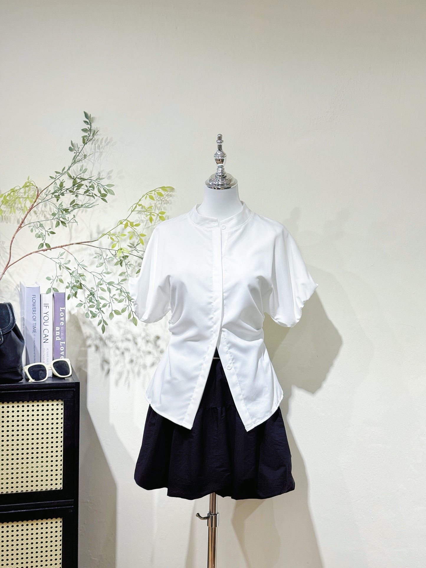 Waist-Tie Stand Collar Shirt