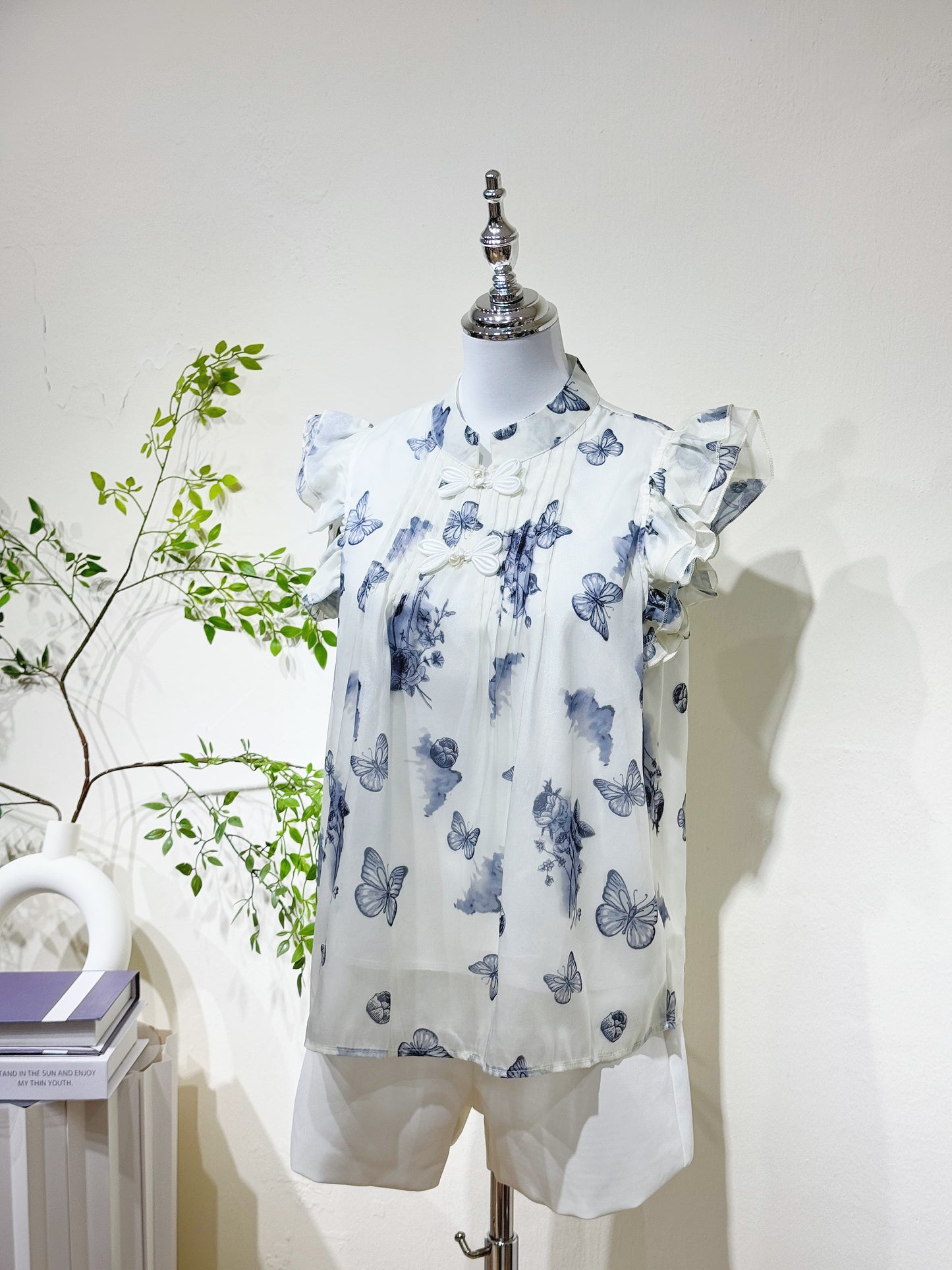 Navy Printed Flutter Sleeve Babydoll Top