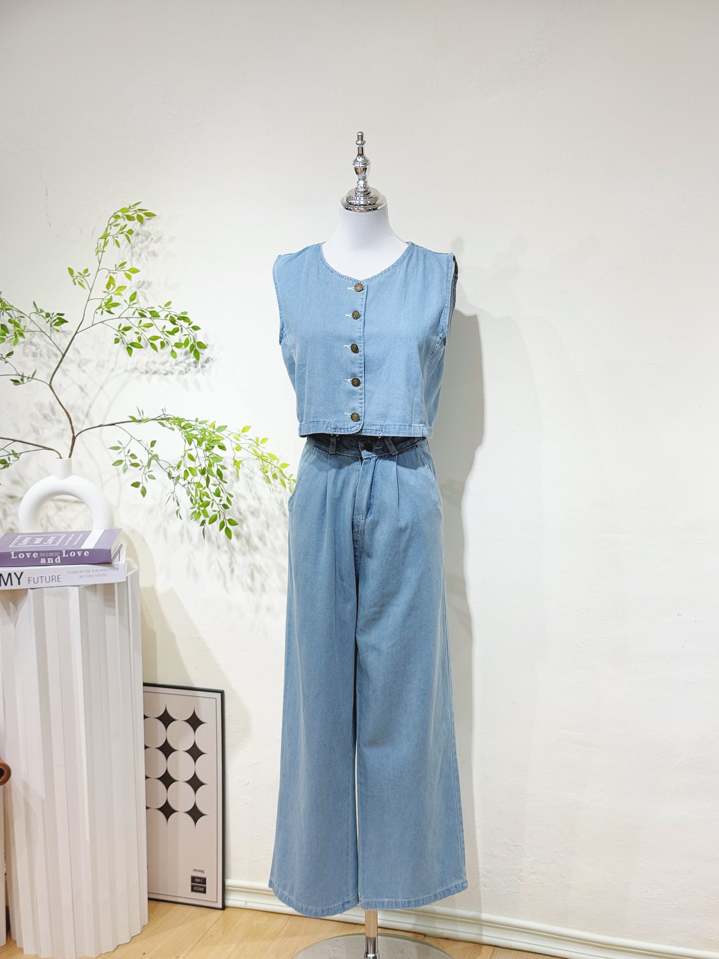 Denim Vest & Wide-Leg Pants Set