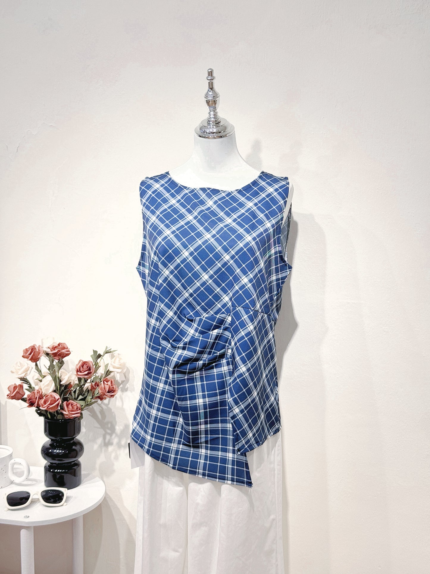 Vintage Navy Check Sleeveless Top