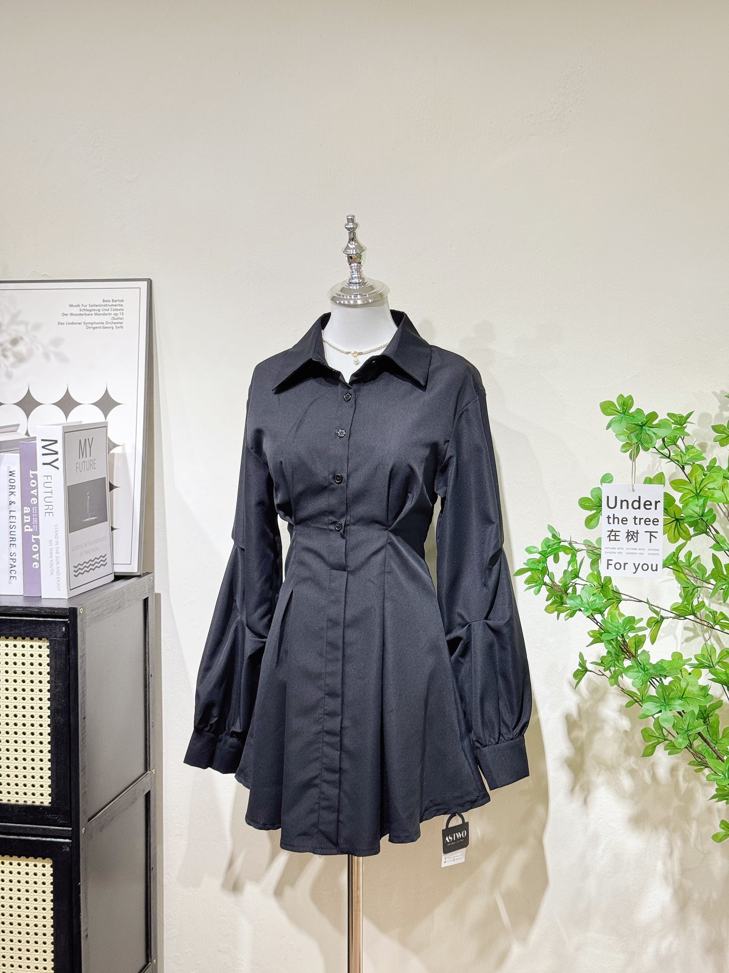 Black Fitted Long Sleeve Shirt Dress