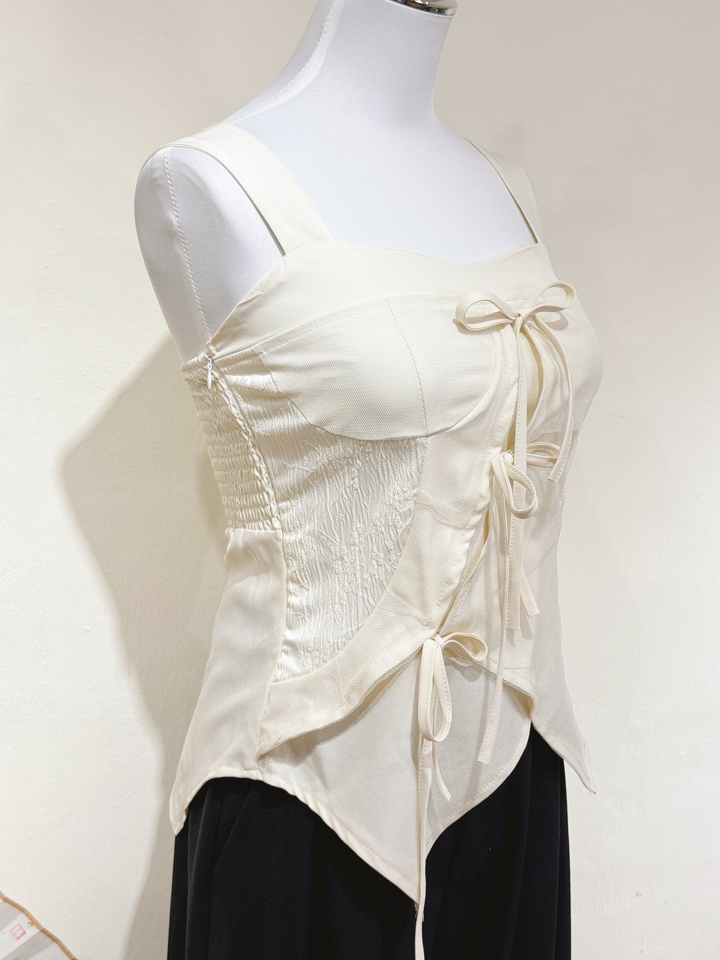 Jacquard Mesh Bow Tie Top
