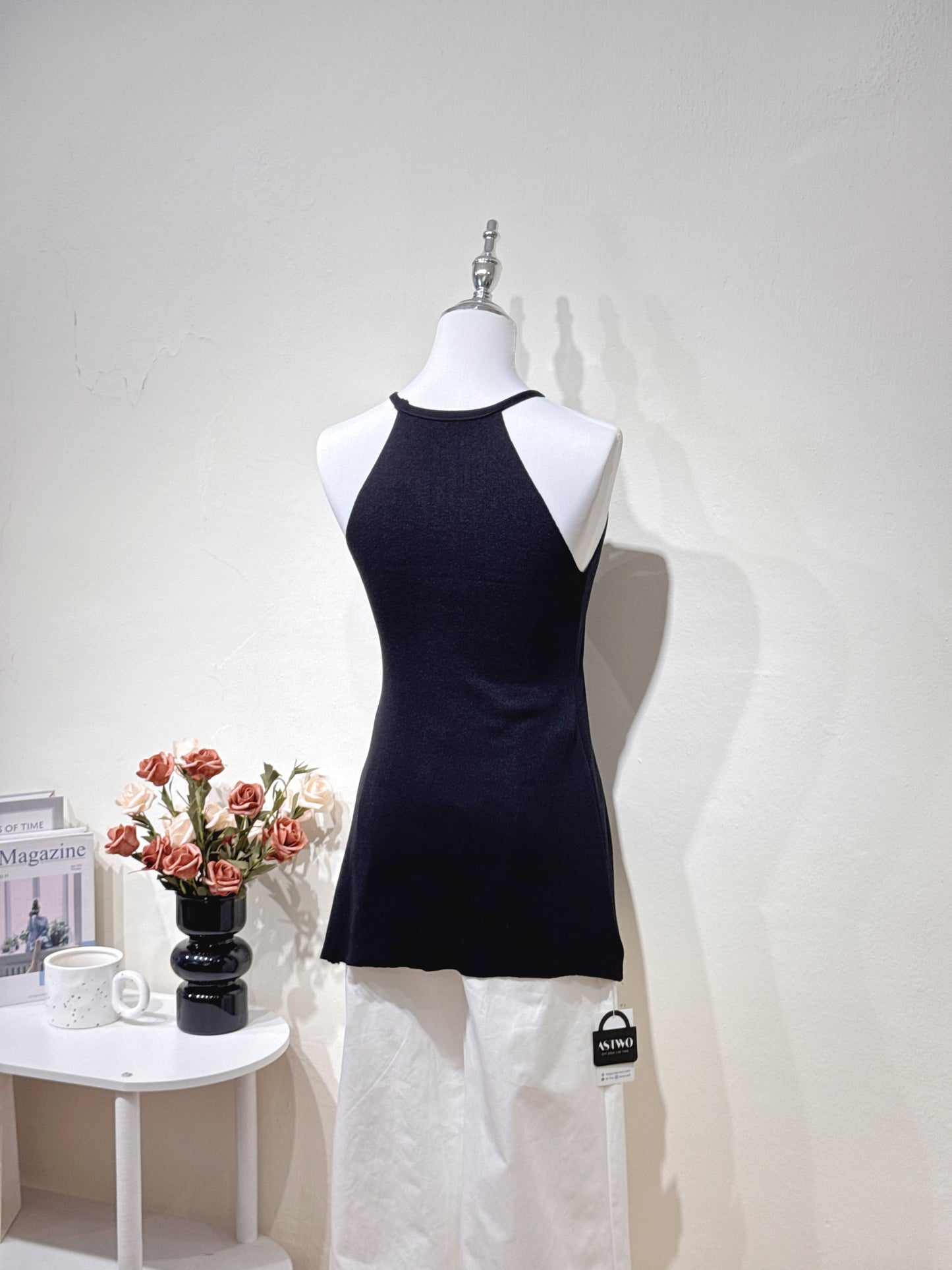 Black Halter Slim-Fit Knit Top