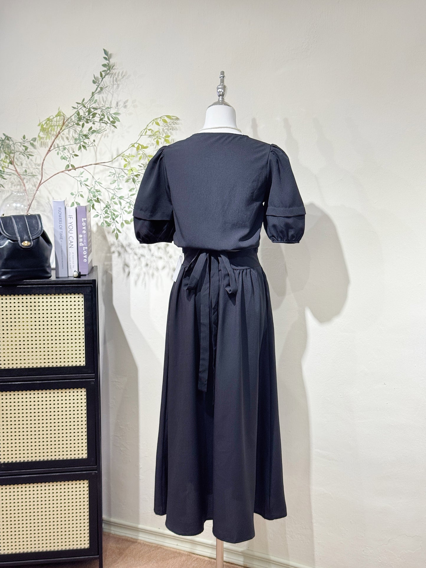 Black Puff Sleeve Two-Piece Dress Set