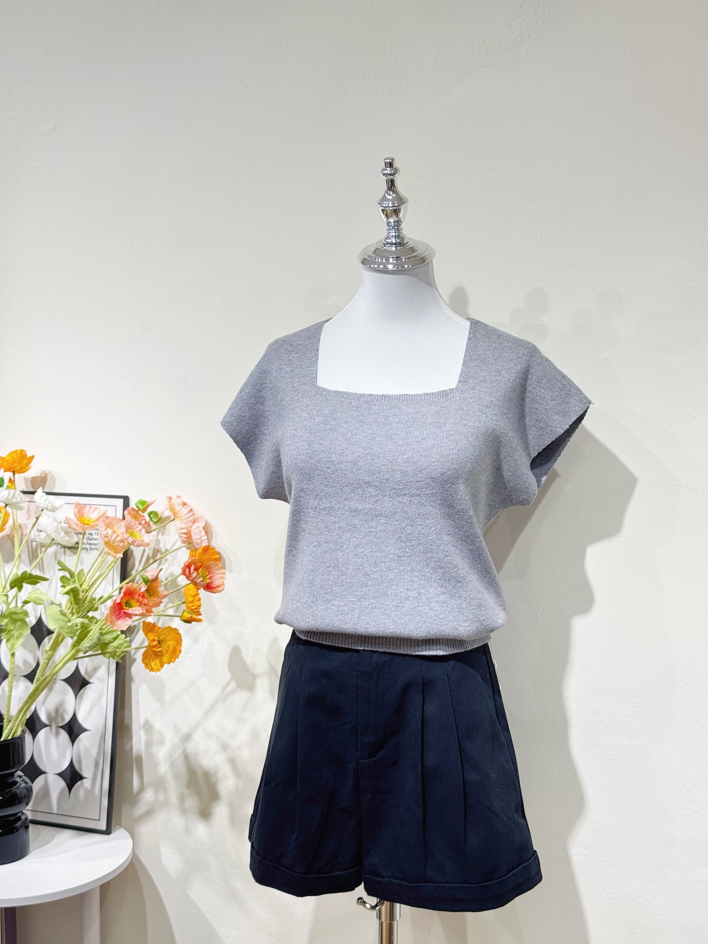 Grey Square-Neck Knit Top