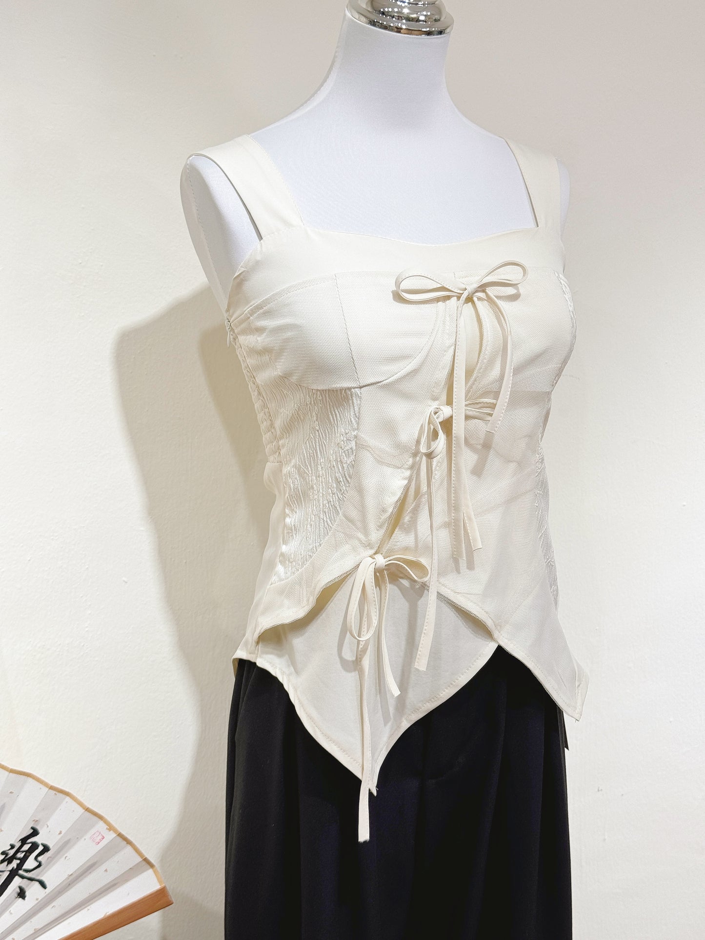Jacquard Mesh Bow Tie Top
