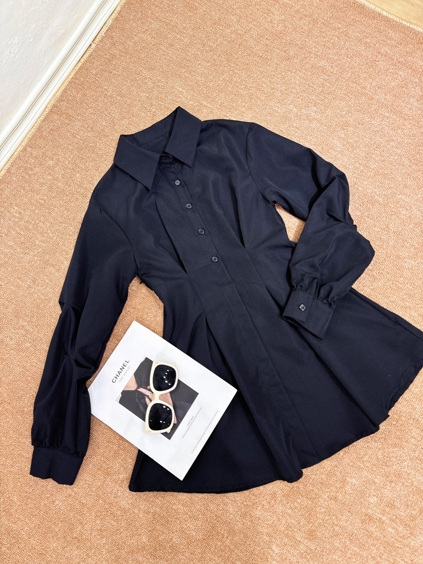 Black Fitted Long Sleeve Shirt Dress