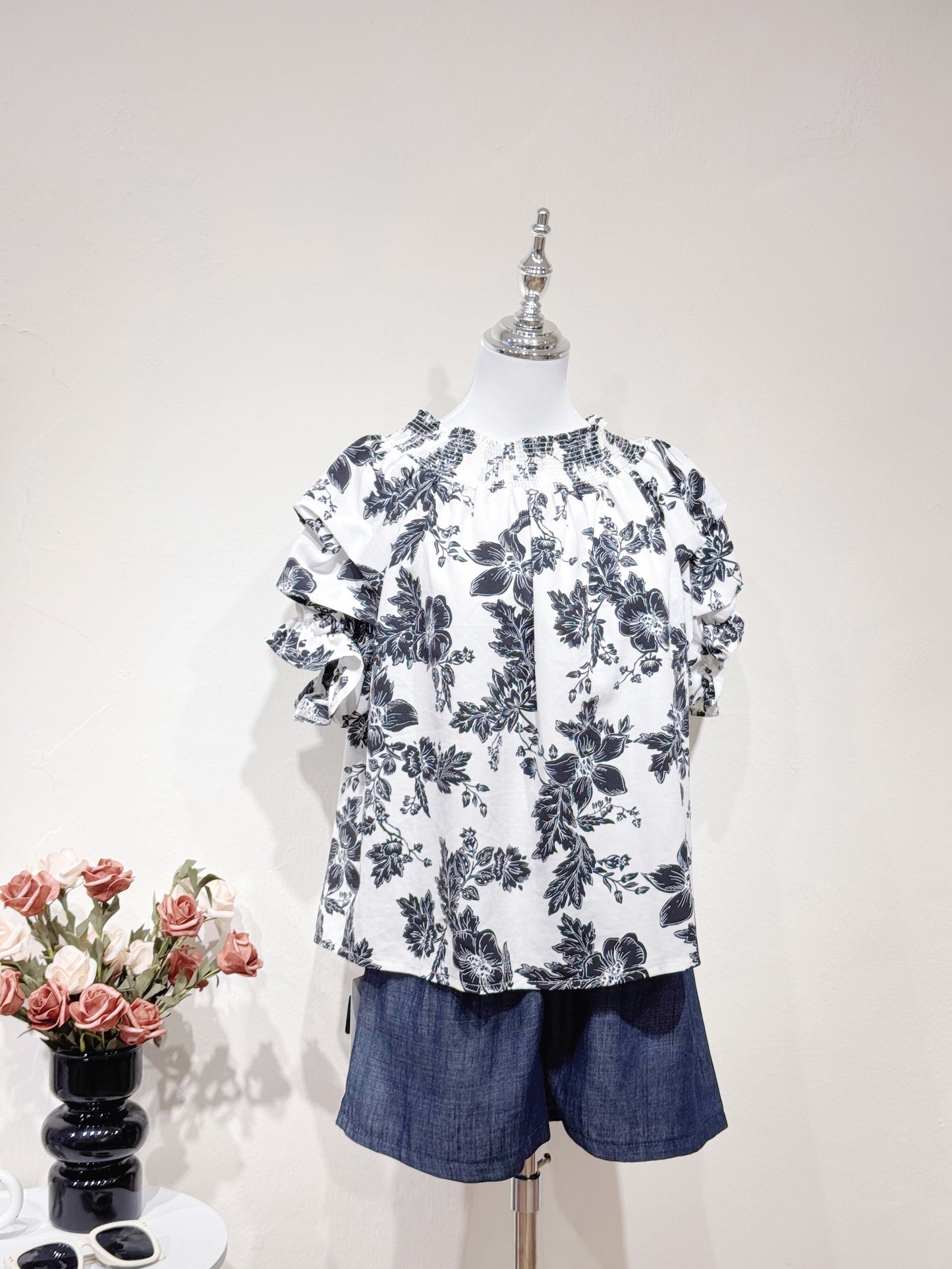 Off-Shoulder Black Floral Printed Top