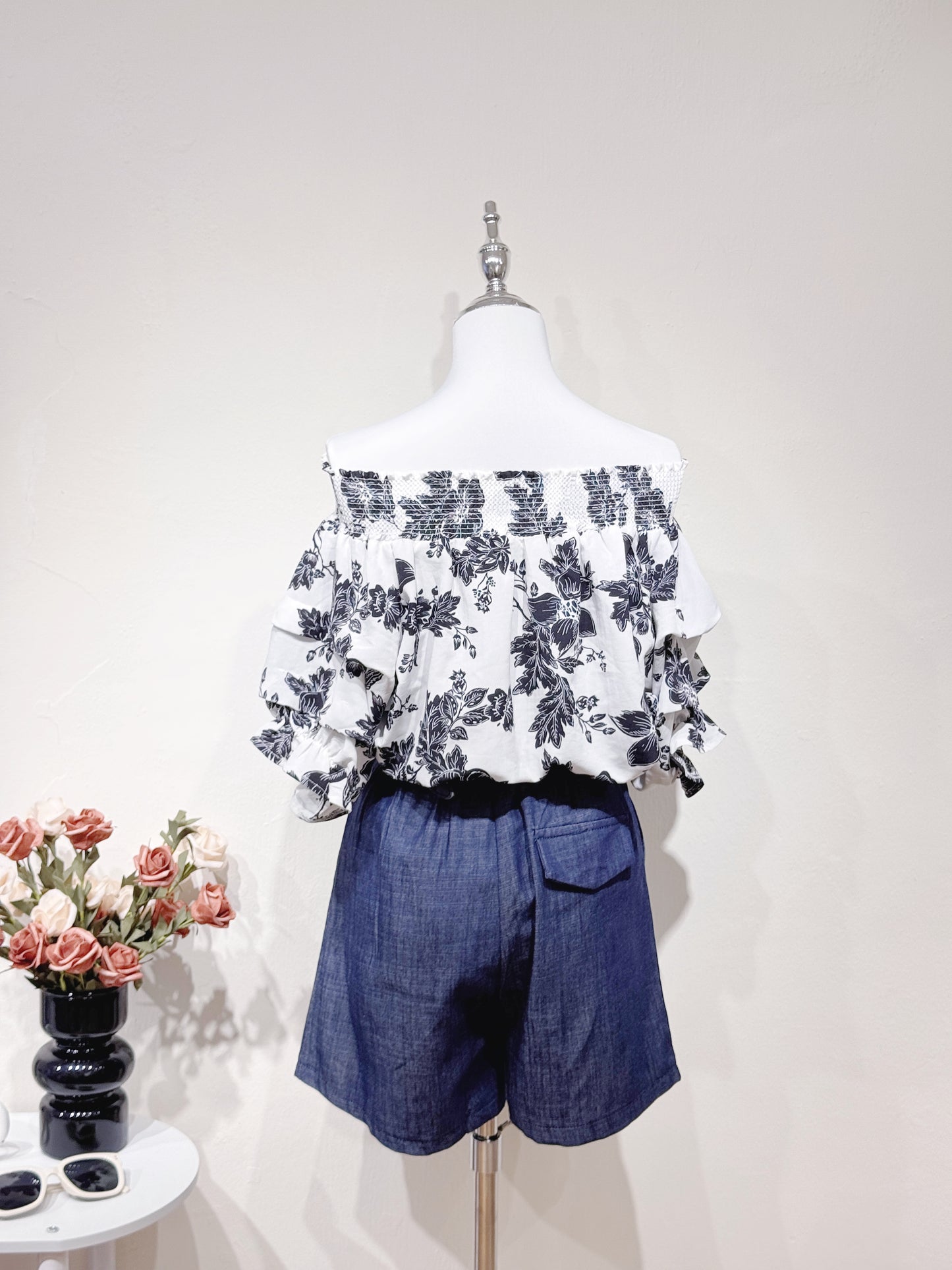 Off-Shoulder Black Floral Printed Top
