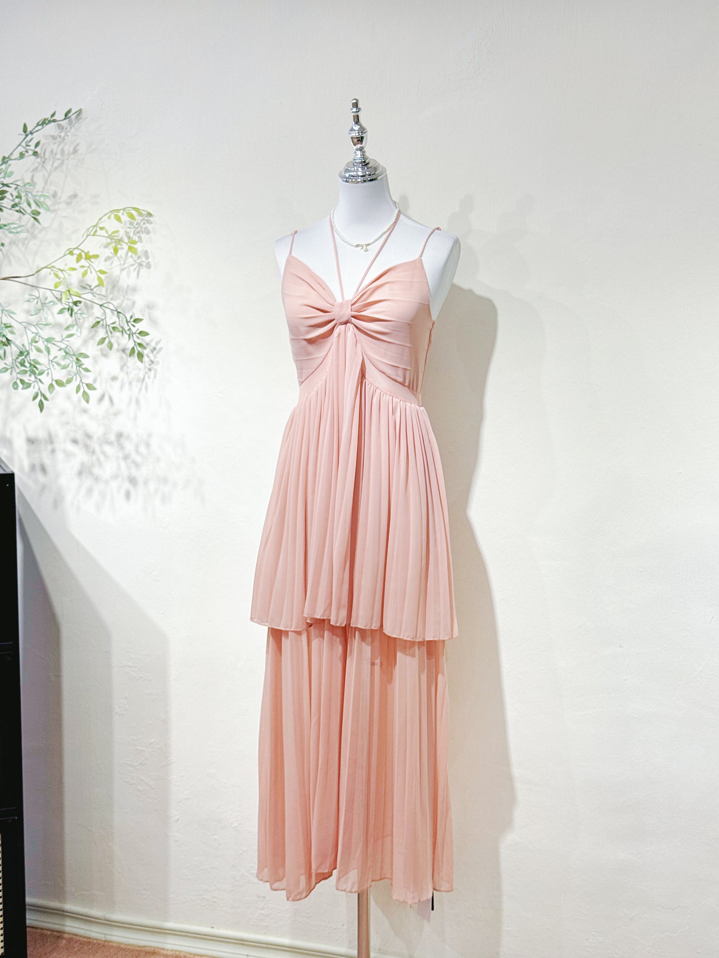 Halter V-Neck Pleated Chiffon Dress