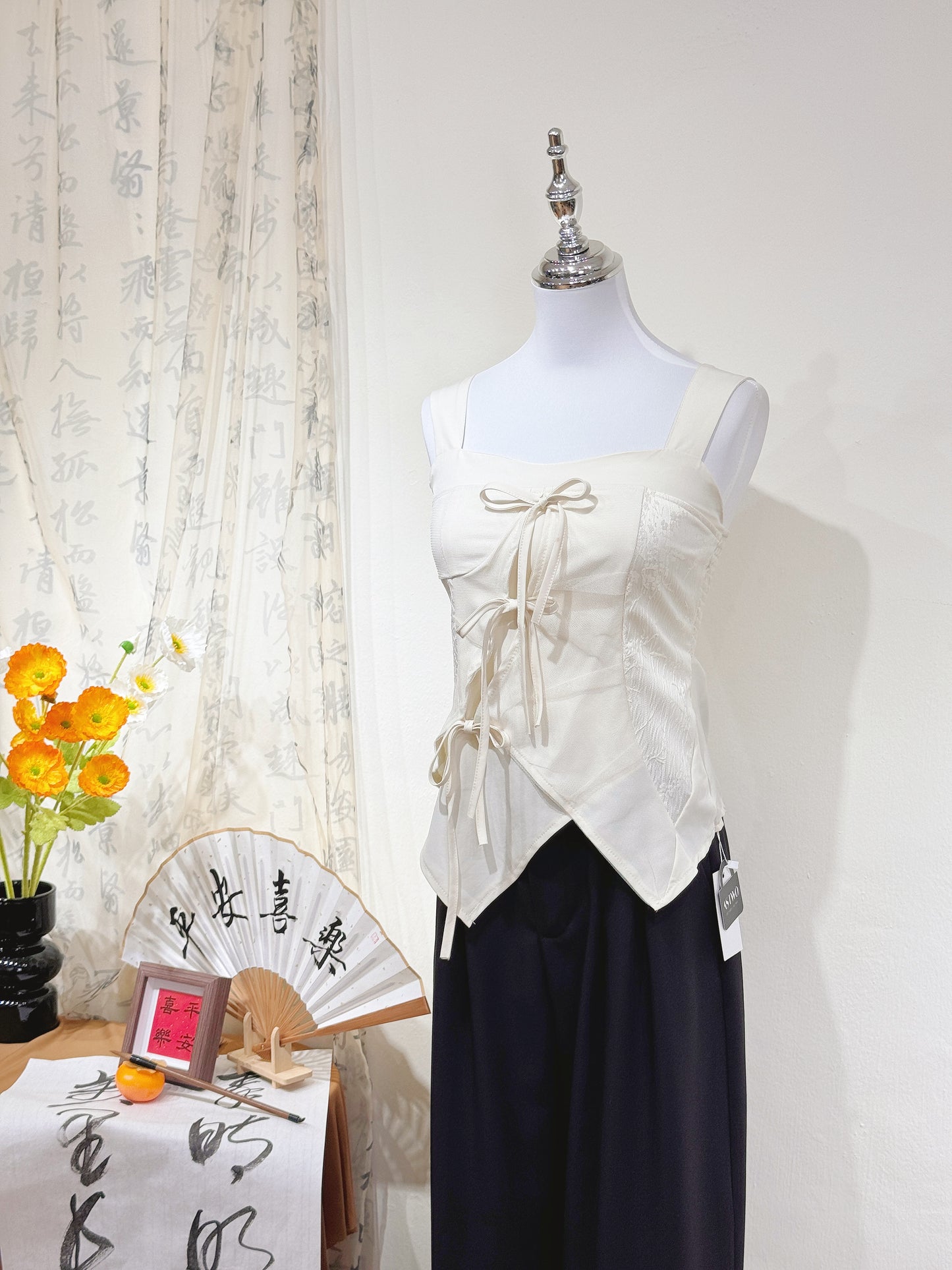 Jacquard Mesh Bow Tie Top