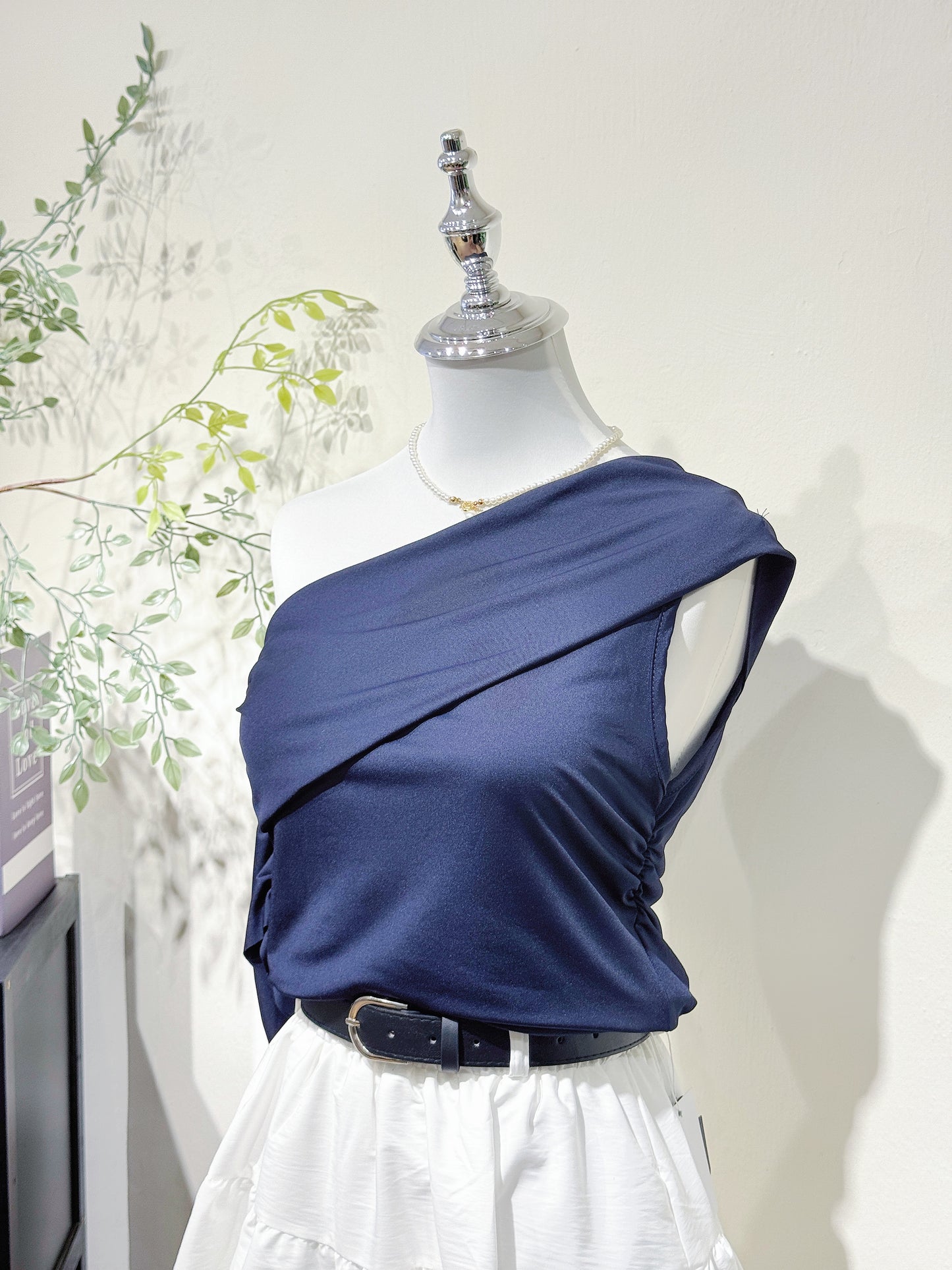 Navy One-Shoulder Ruffle Sleeve Top