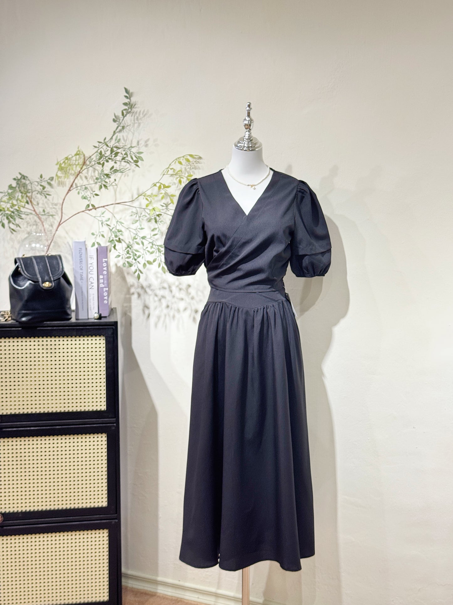 Black Puff Sleeve Two-Piece Dress Set