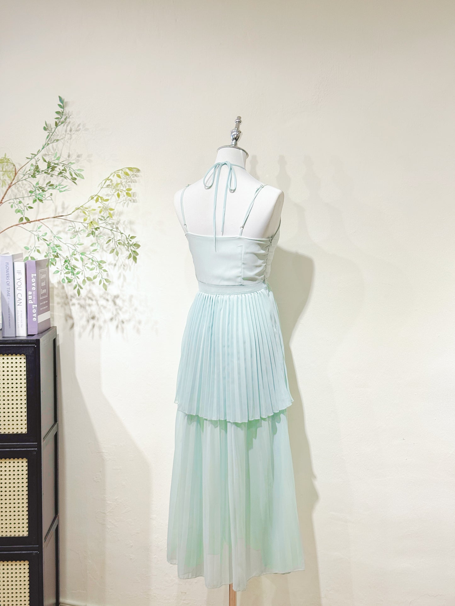 Halter V-Neck Pleated Chiffon Dress