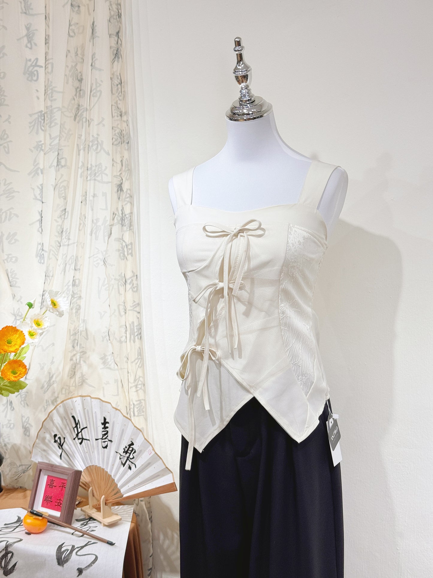 Jacquard Mesh Bow Tie Top