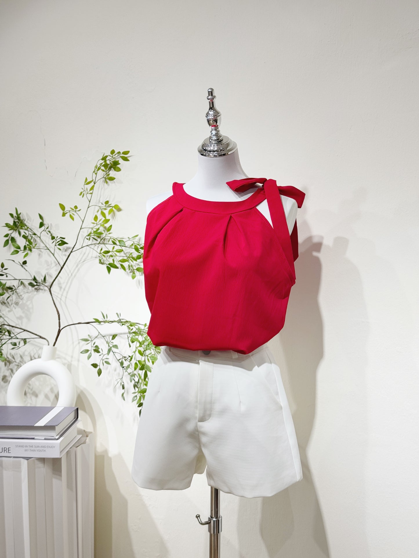 Halter Shoulder Strap Red Blouse
