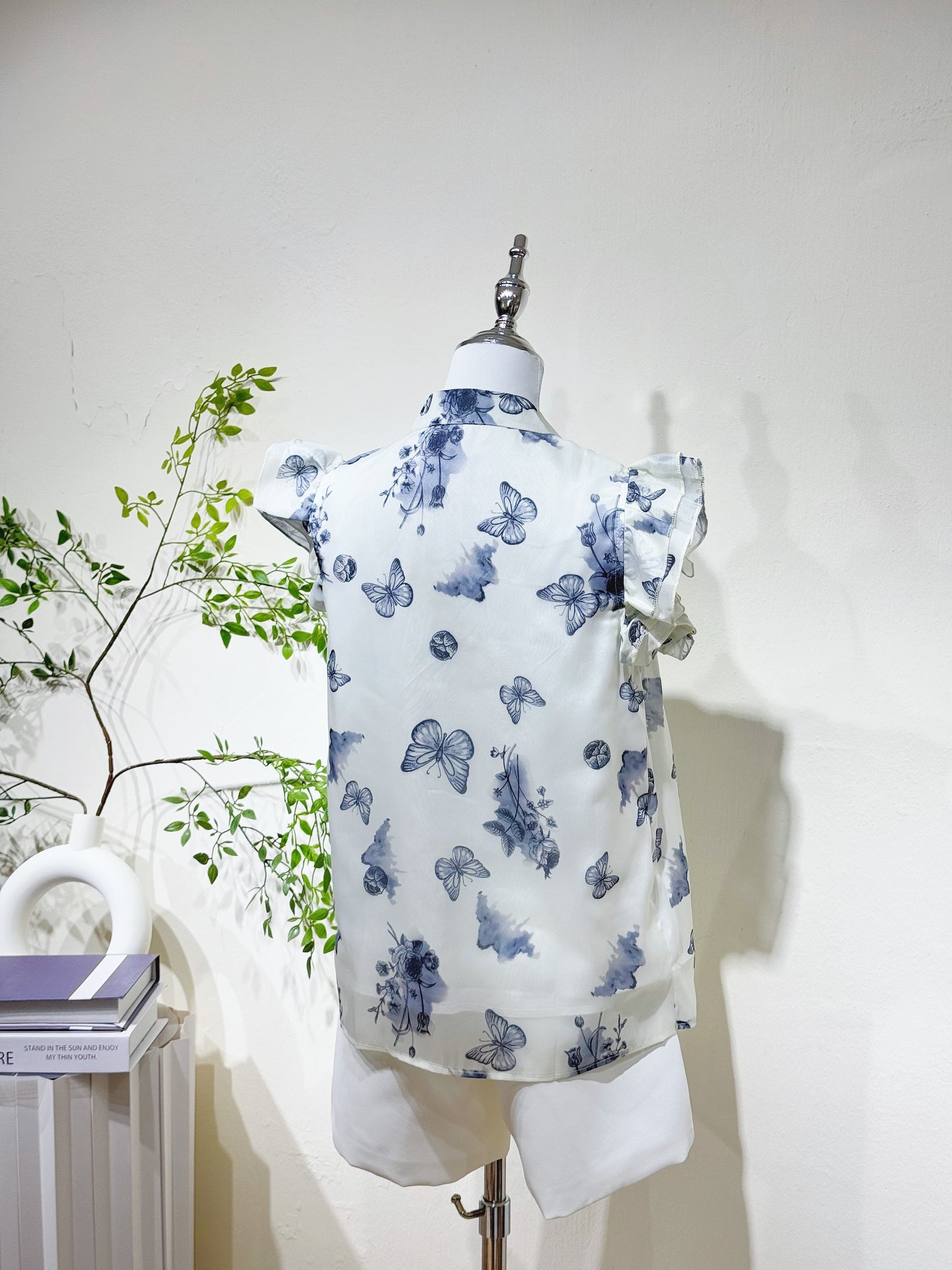Navy Printed Flutter Sleeve Babydoll Top