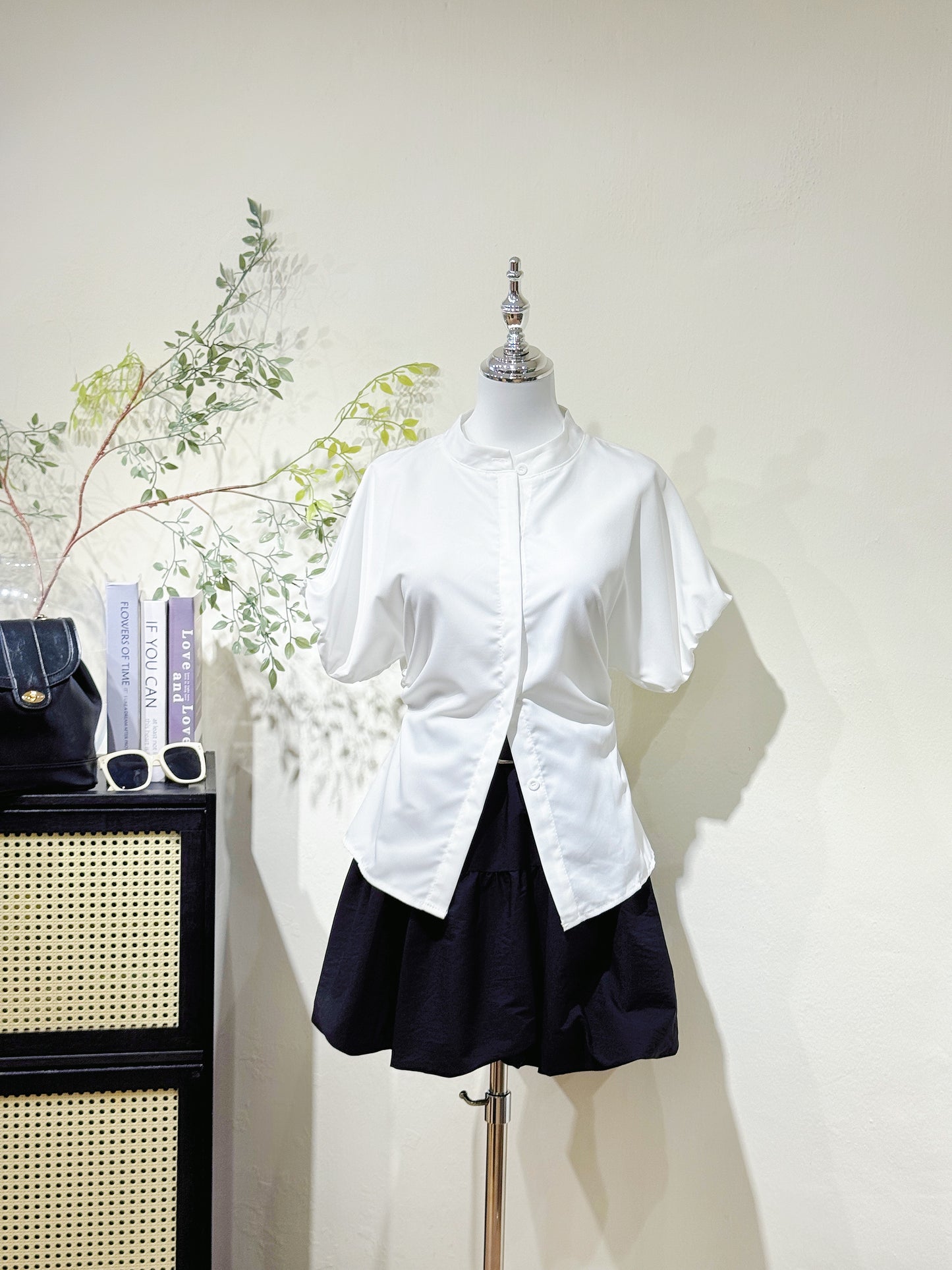 Waist-Tie Stand Collar Shirt