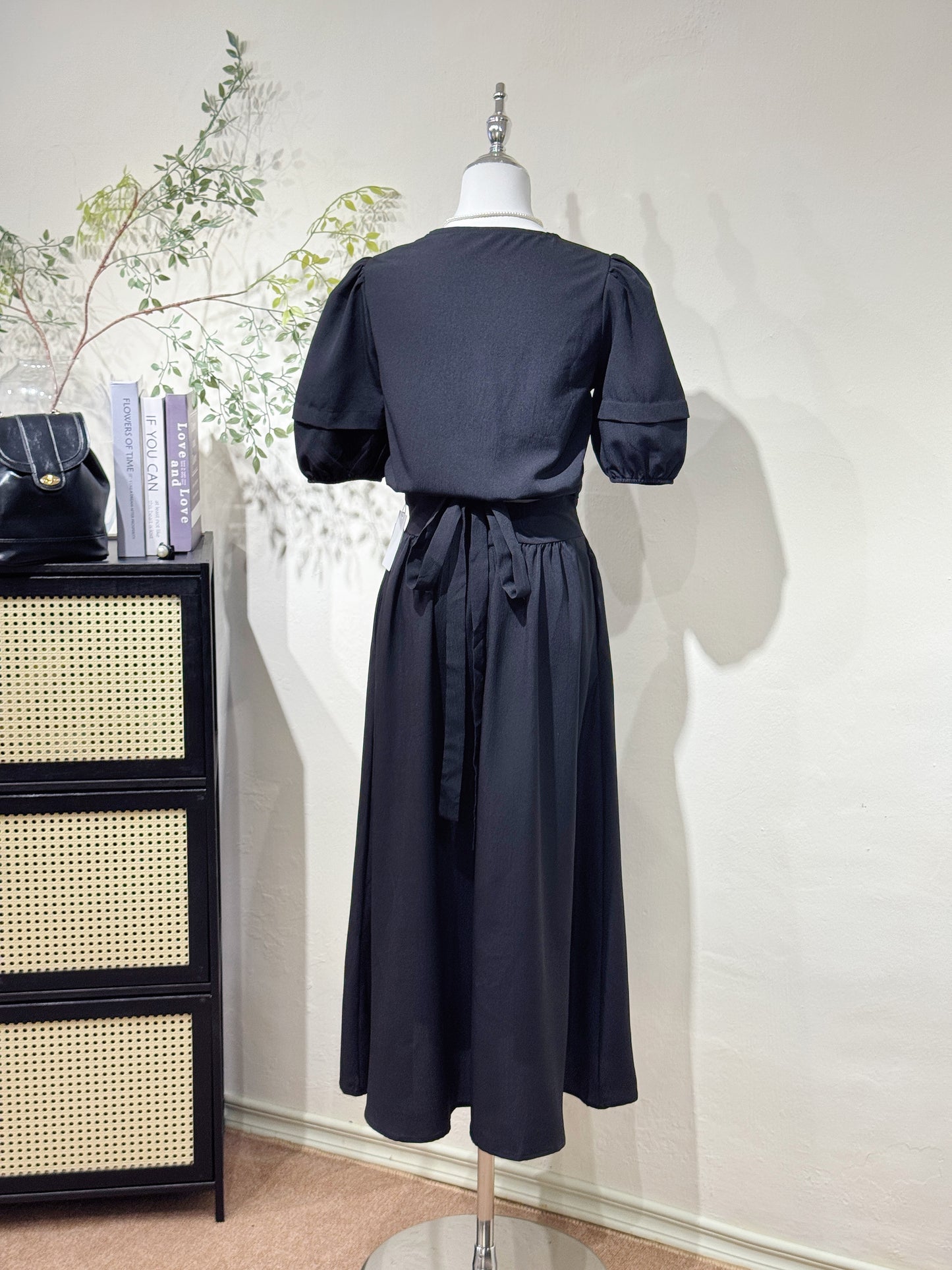 Black Puff Sleeve Two-Piece Dress Set