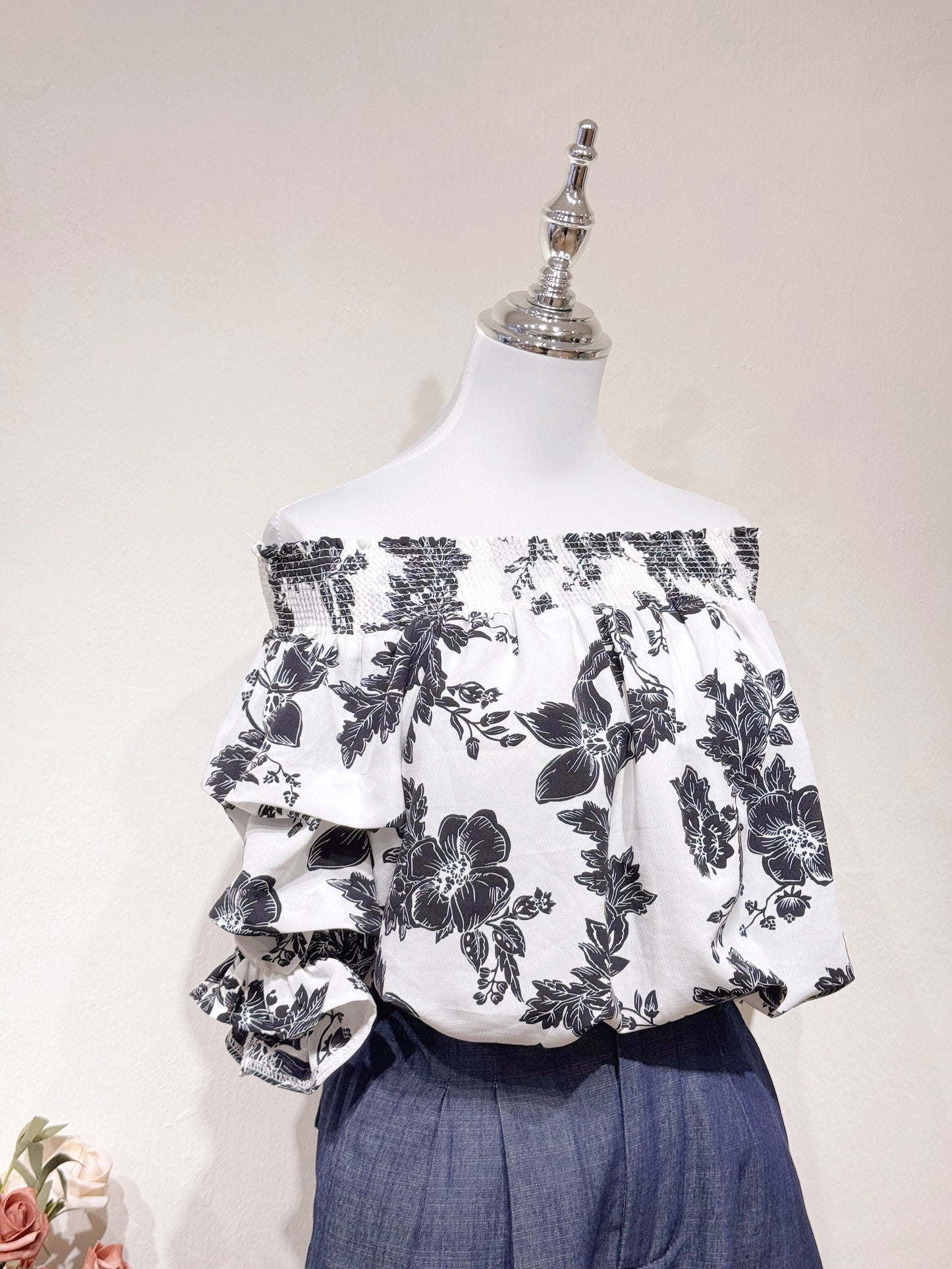 Off-Shoulder Black Floral Printed Top