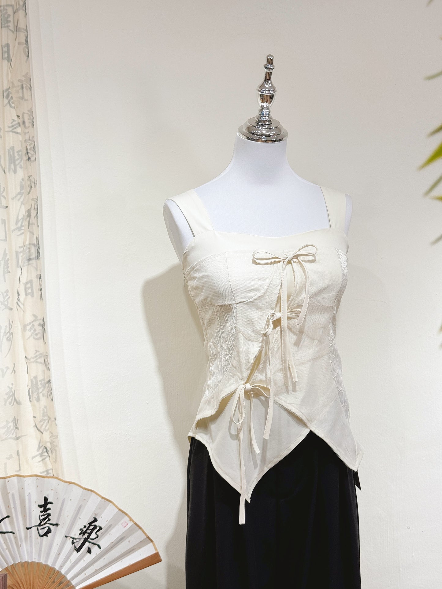 Jacquard Mesh Bow Tie Top