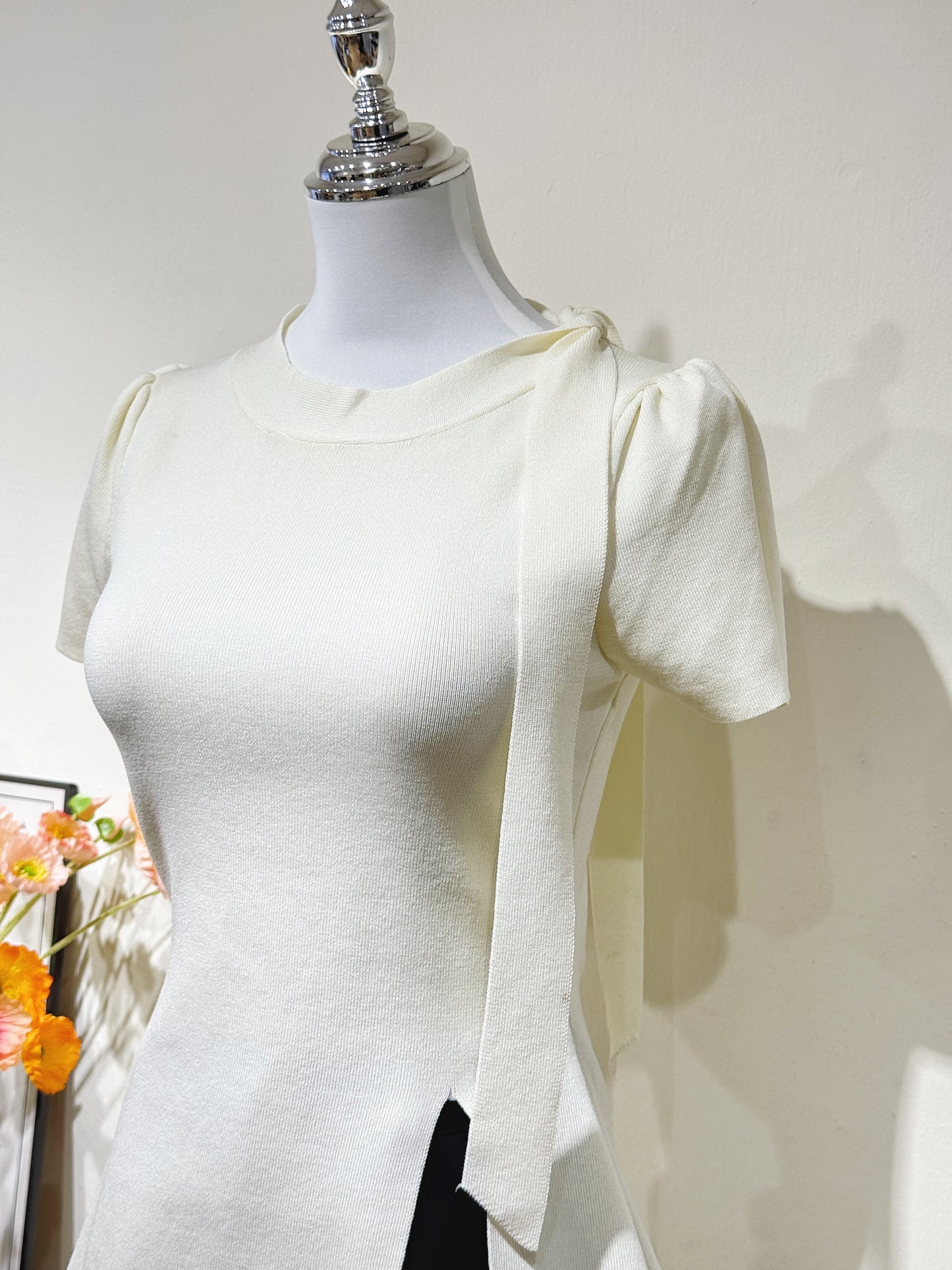 Beige Knit Slit Top