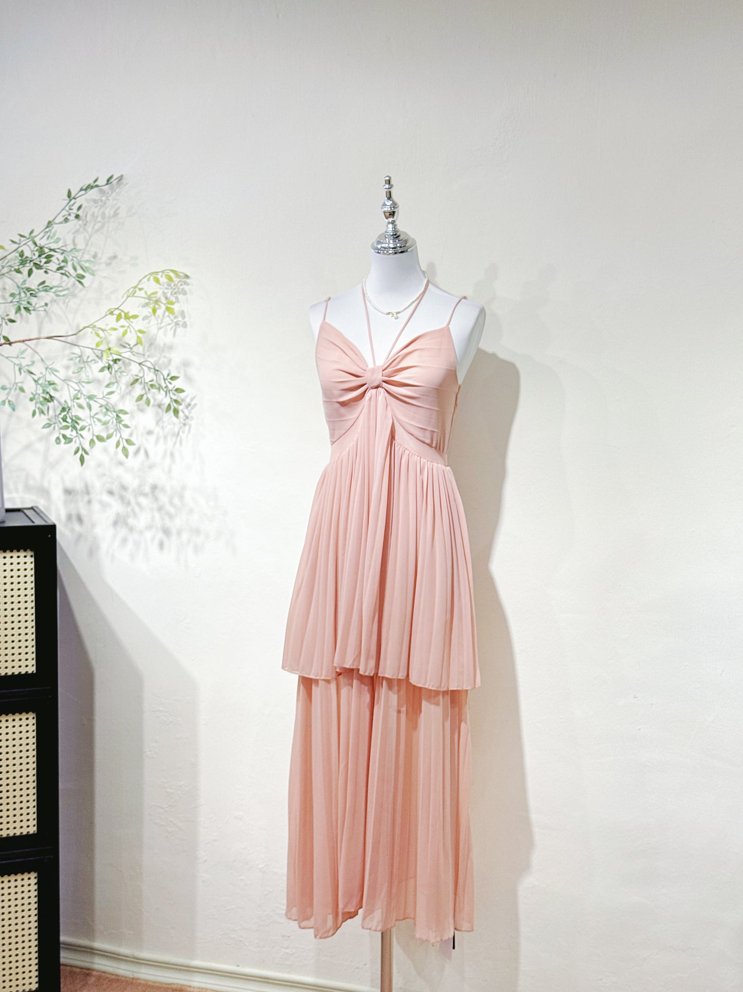 Halter V-Neck Pleated Chiffon Dress