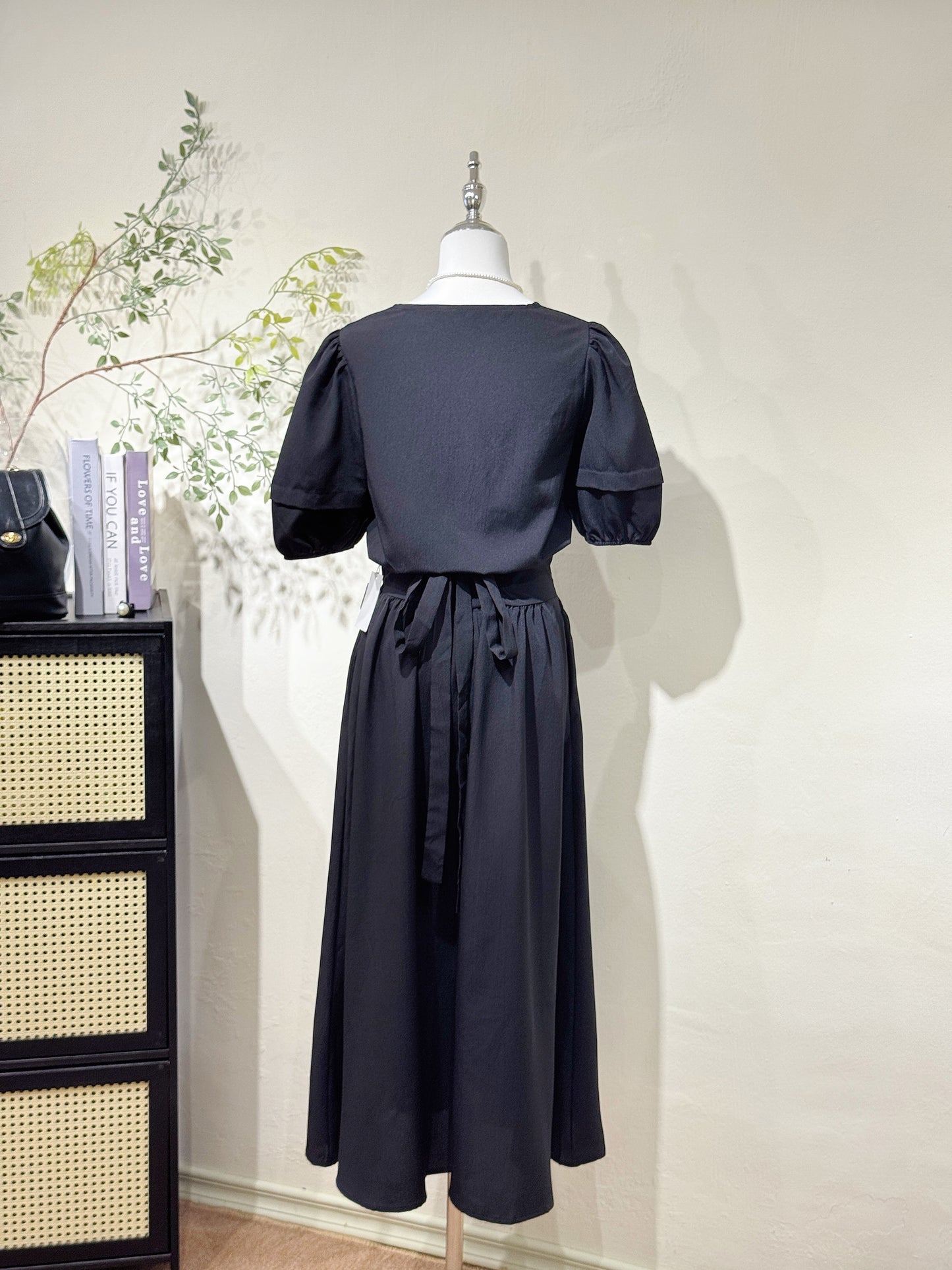 Black Puff Sleeve Two-Piece Dress Set