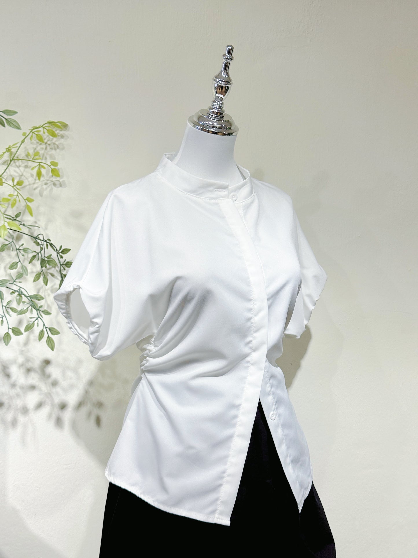 Waist-Tie Stand Collar Shirt