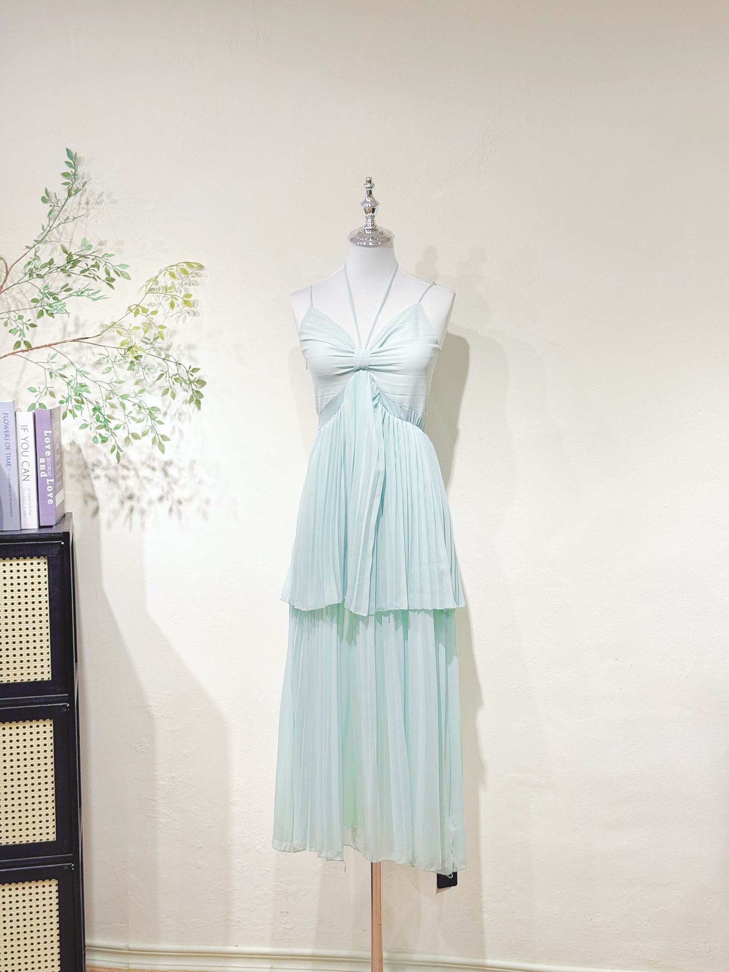 Halter V-Neck Pleated Chiffon Dress