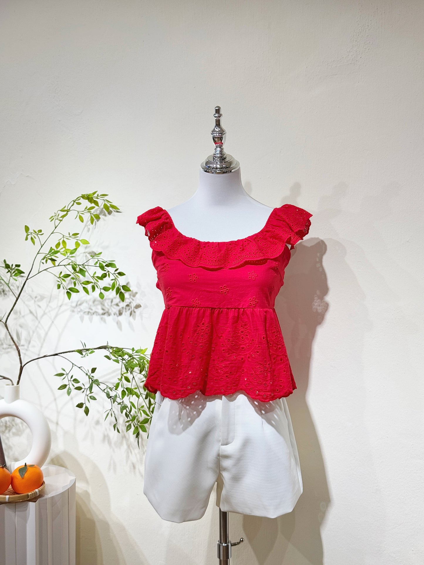 Cotton Lace Ruffle Back-Tie Cami