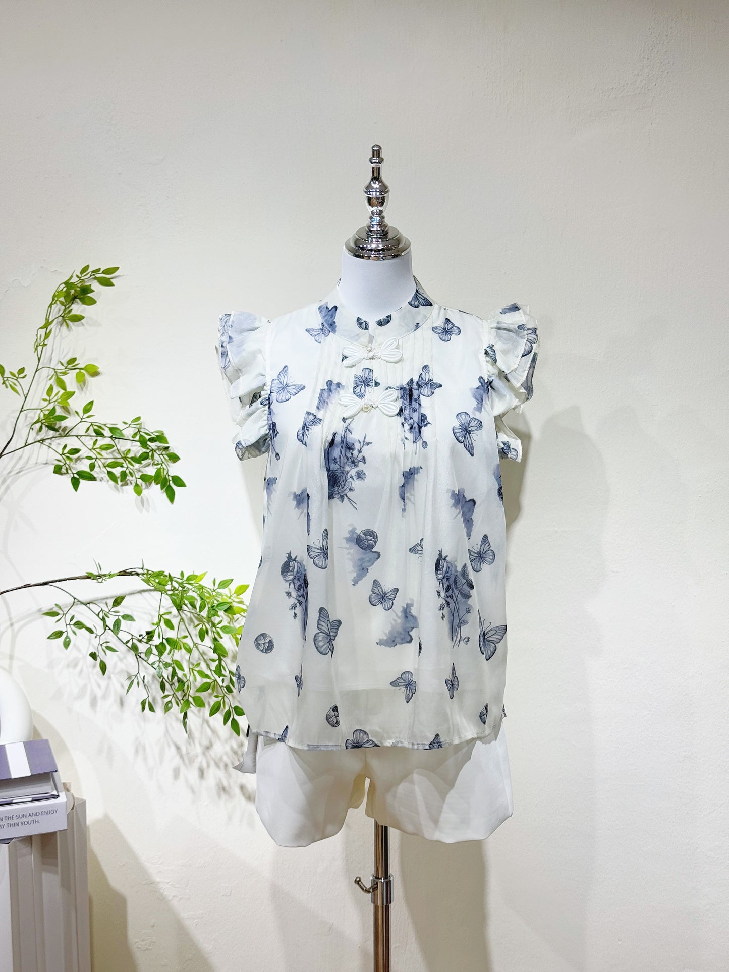 Navy Printed Flutter Sleeve Babydoll Top