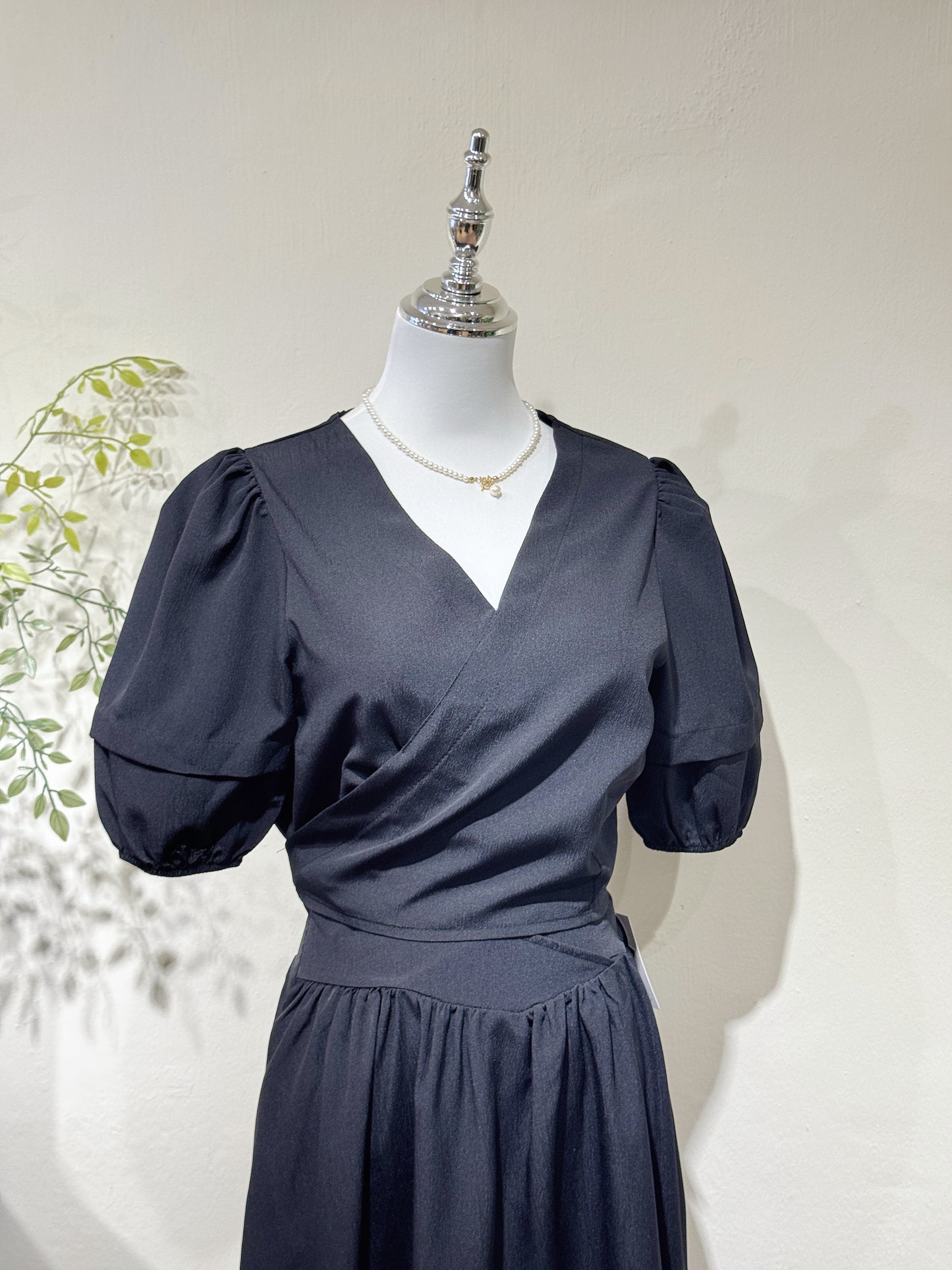 Black Puff Sleeve Two-Piece Dress Set