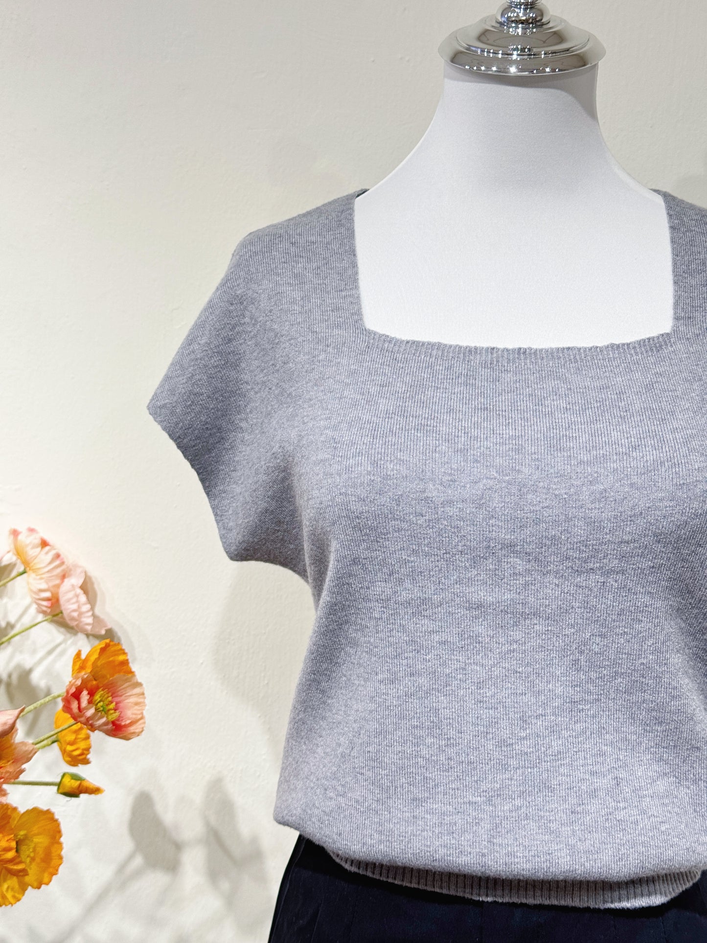 Grey Square-Neck Knit Top