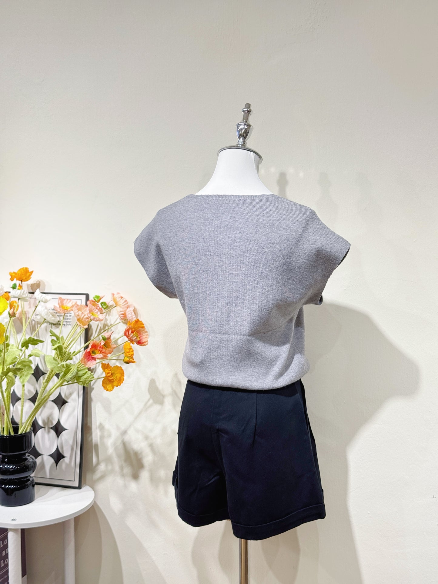 Grey Square-Neck Knit Top