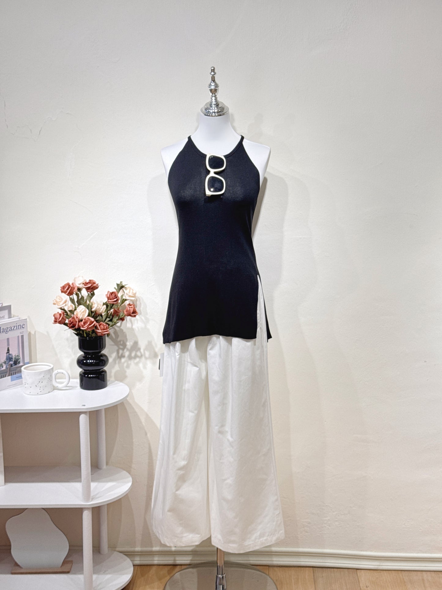 Black Halter Slim-Fit Knit Top
