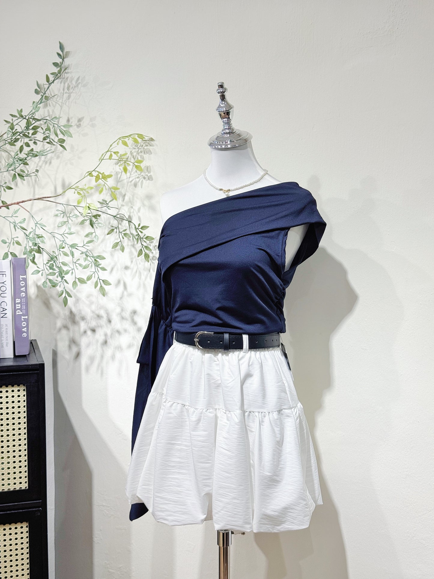 Navy One-Shoulder Ruffle Sleeve Top