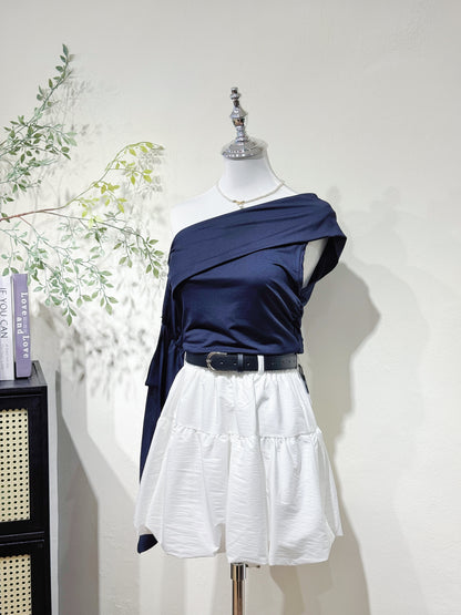 Navy One-Shoulder Ruffle Sleeve Top
