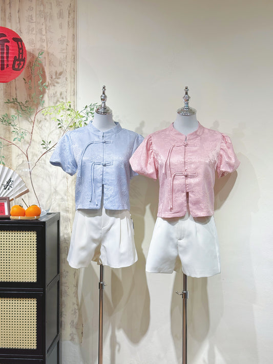 Jacquard Mandarin Puff Sleeve Tie Blouse