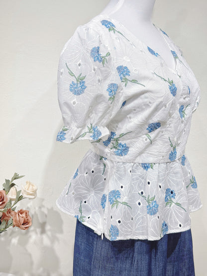 Elegant V-Neck Crochet & Floral Print Blouse