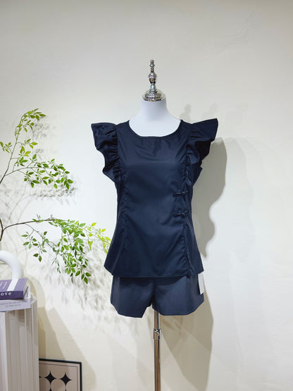 Black Flutter Sleeve Knot Blouse