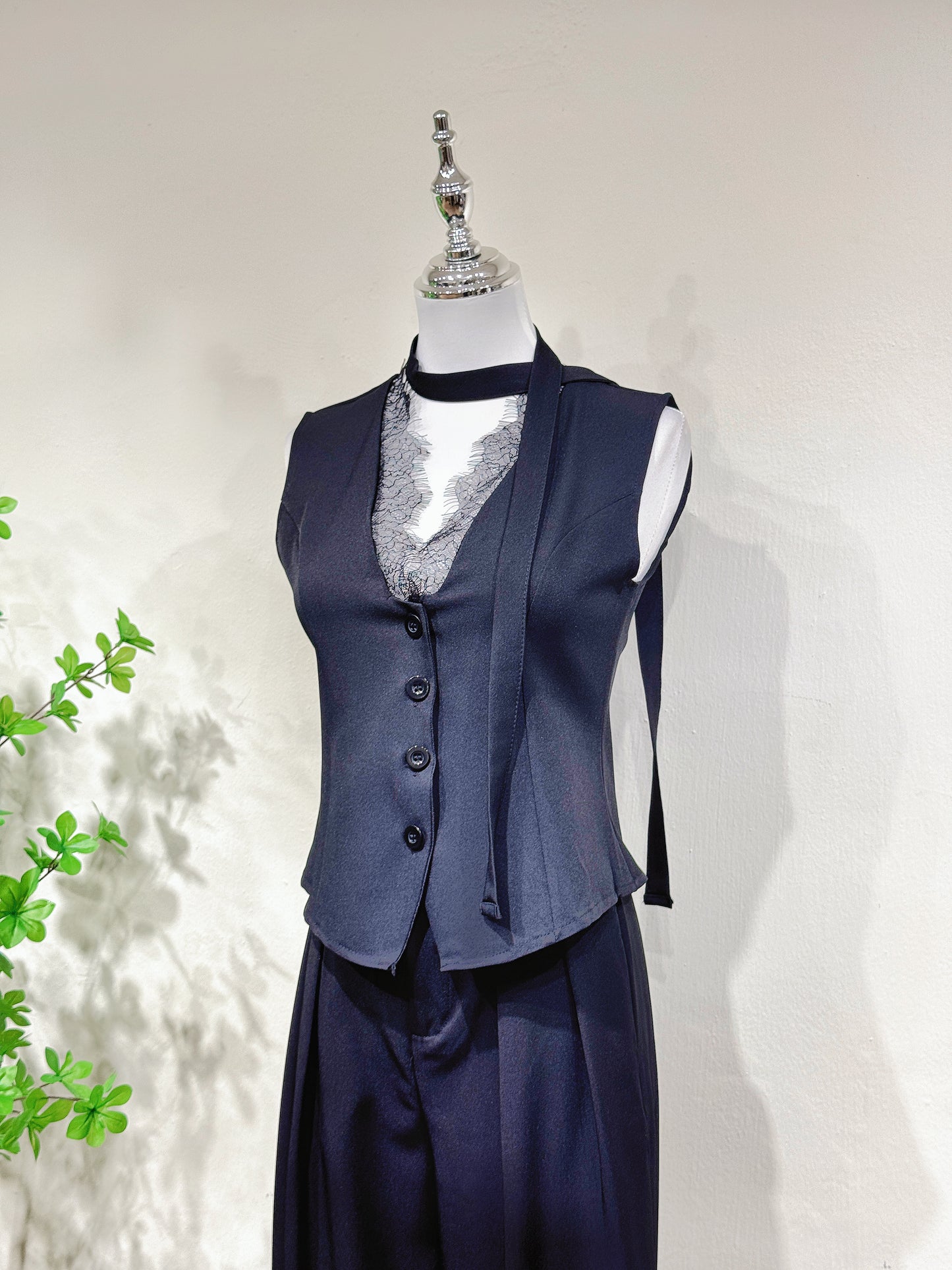 Lace Trim Vest Blazer Blouse